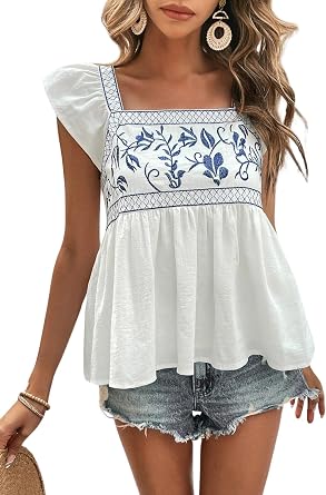 Womens Summer Ruffle Cap Sleeve Tops Floral Embroidery Square Neck Tank Loose Fit Blouse Tee Shirts