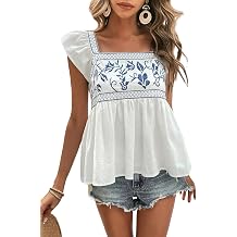 Women's Summer Ruffle Cap Sleeve Tops Floral Embroidery Square Neck Tank Loose Fit Blouse Tee Shirts