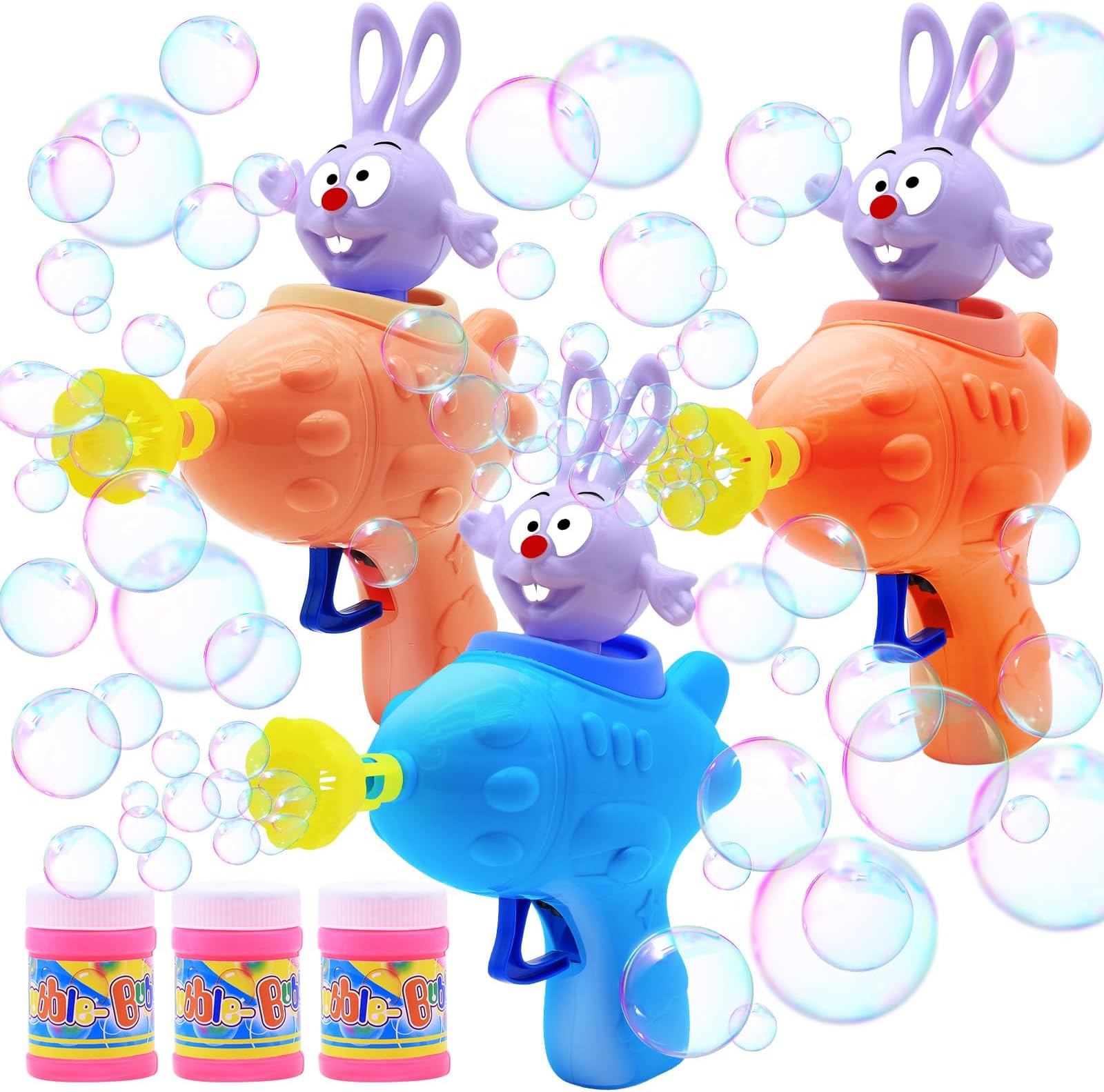 iGeeKid3 Pack Easter Bunny Bubble Guns for Kids, Bubble Blower Machines with 3 Bottle Bubble Solution, Easter Basket Stuffers for Kids Toddles Boys Girls Easter Toys Gifts Party Favors Outdoor Games
