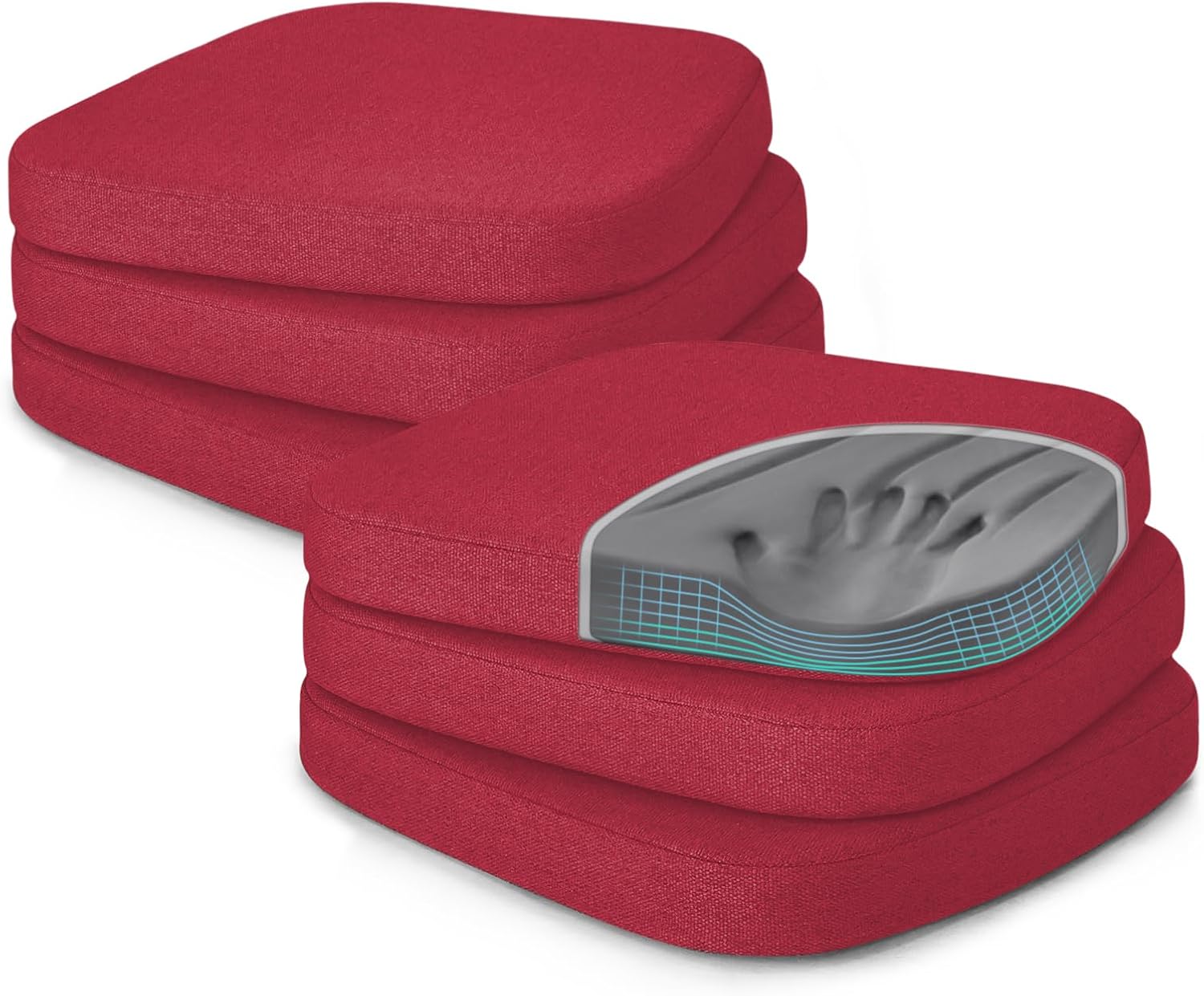 Shinnwa Dining Chair Pads Set of 6, Patented Design Memory Foam Kitchen Chair Cuhions with Ties and Washable Cover, 6 Pack, 17" x 16" x 2", Burgundy Burgundy 6