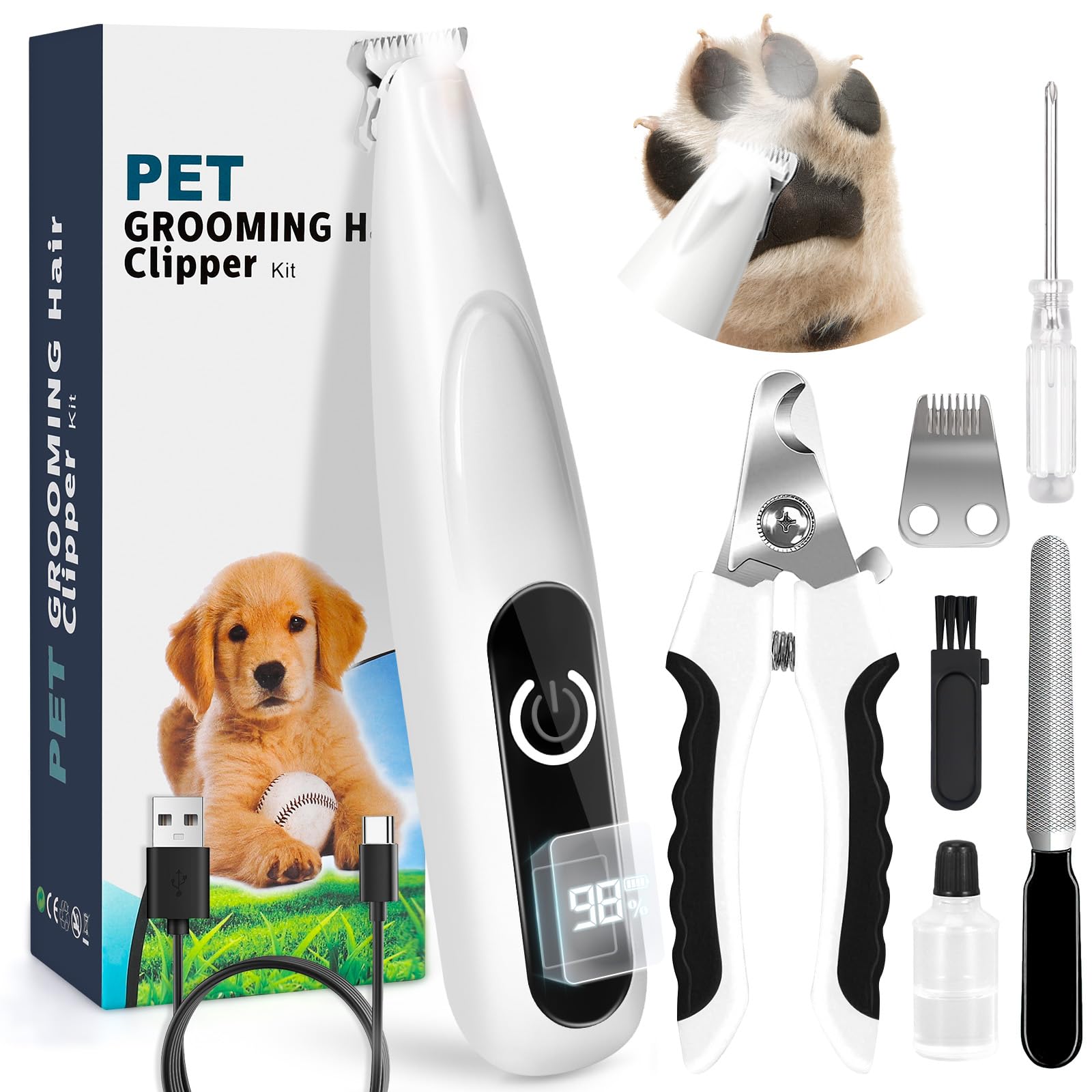 Dog Paw Trimmer with LED Light, Paw Trimmer for Dogs 0.8inch/20mm Wide Blade, Pet Hair Grooming Kit with Dog Nail Clipper