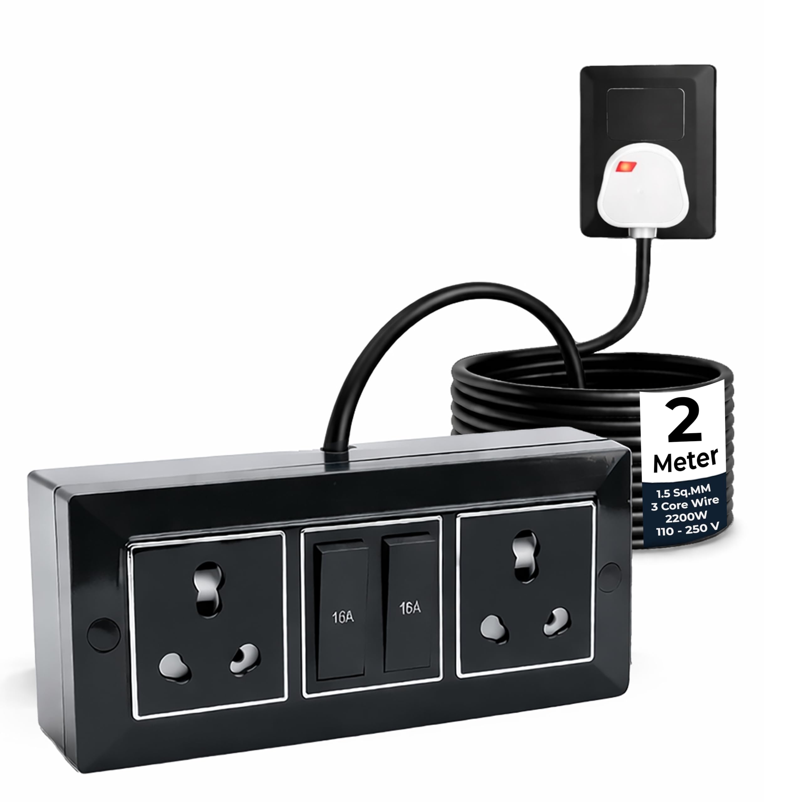 Aemvee Heavy Duty 16A/20A Extension Board with 2 Meter Cable | Dual 16A Sockets & Individual Switches | 250V Power Board for High-Load Appliances | Unbreakable Polycarbonate | Made in India-image-42