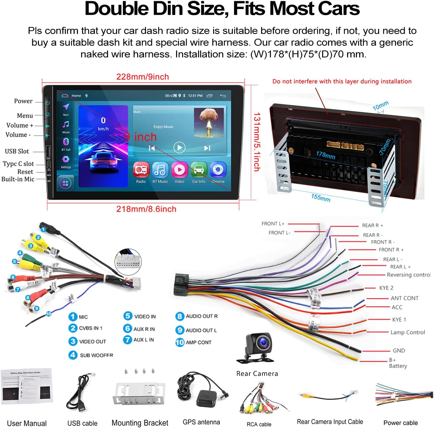 Diagram showing the UNITOPSCI car stereo dimensions, various cables, and included accessories like the backup camera, GPS antenna, and mounting brackets.
