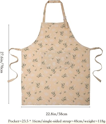 Miniatura 9 de Delantal de cocina con estampado floral, algodón beige con estampado de margaritas, correa ajustable para el cuello