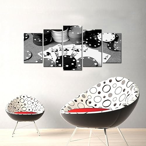 Miniatura 2 de LevvArts - 5 impresiones en lienzo de póquer en blanco y negro, arte de pared para decoración de pared de pub, bar, casino, estirado y enmarcado,