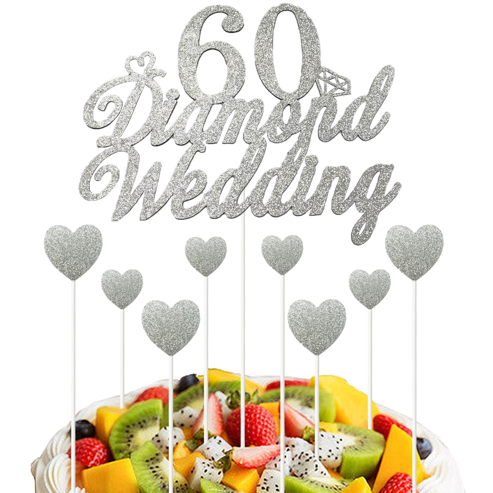 Juego de adornos para tartas de 60 aniversario de boda, decoración de pastel de corazón con purpurina plateada para 60 aniversario de boda, celebración de boda, suministros de fiesta