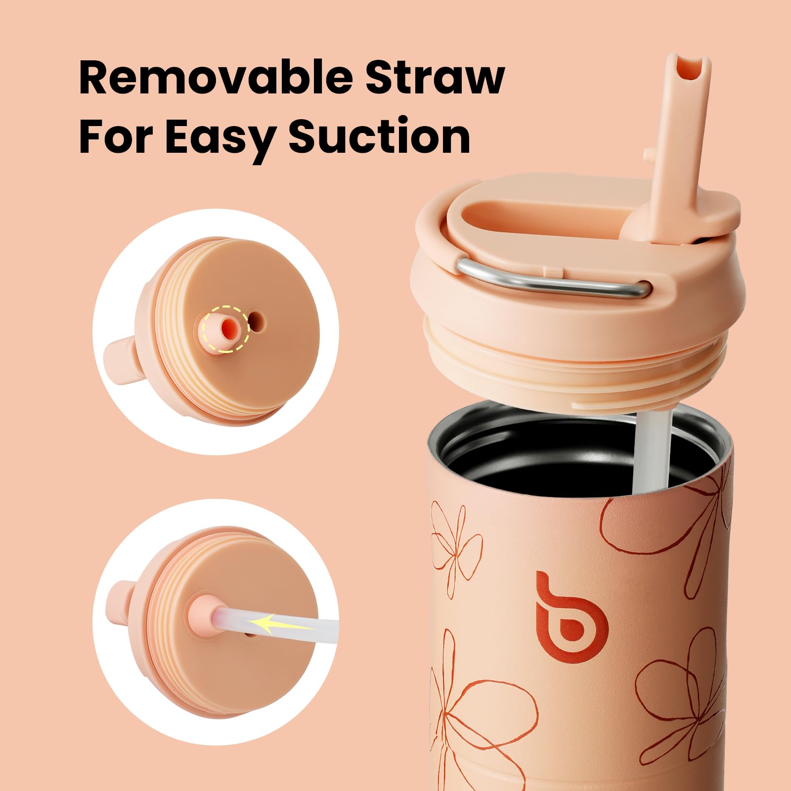 Bottle Bottle Borraccia termica da 710 ml, con coperchio, cannuccia e manico, in acciaio inox, a doppia parete sottovuoto, a prova di perdite, senza BPA, per sport, viaggi, palestra, a fiori