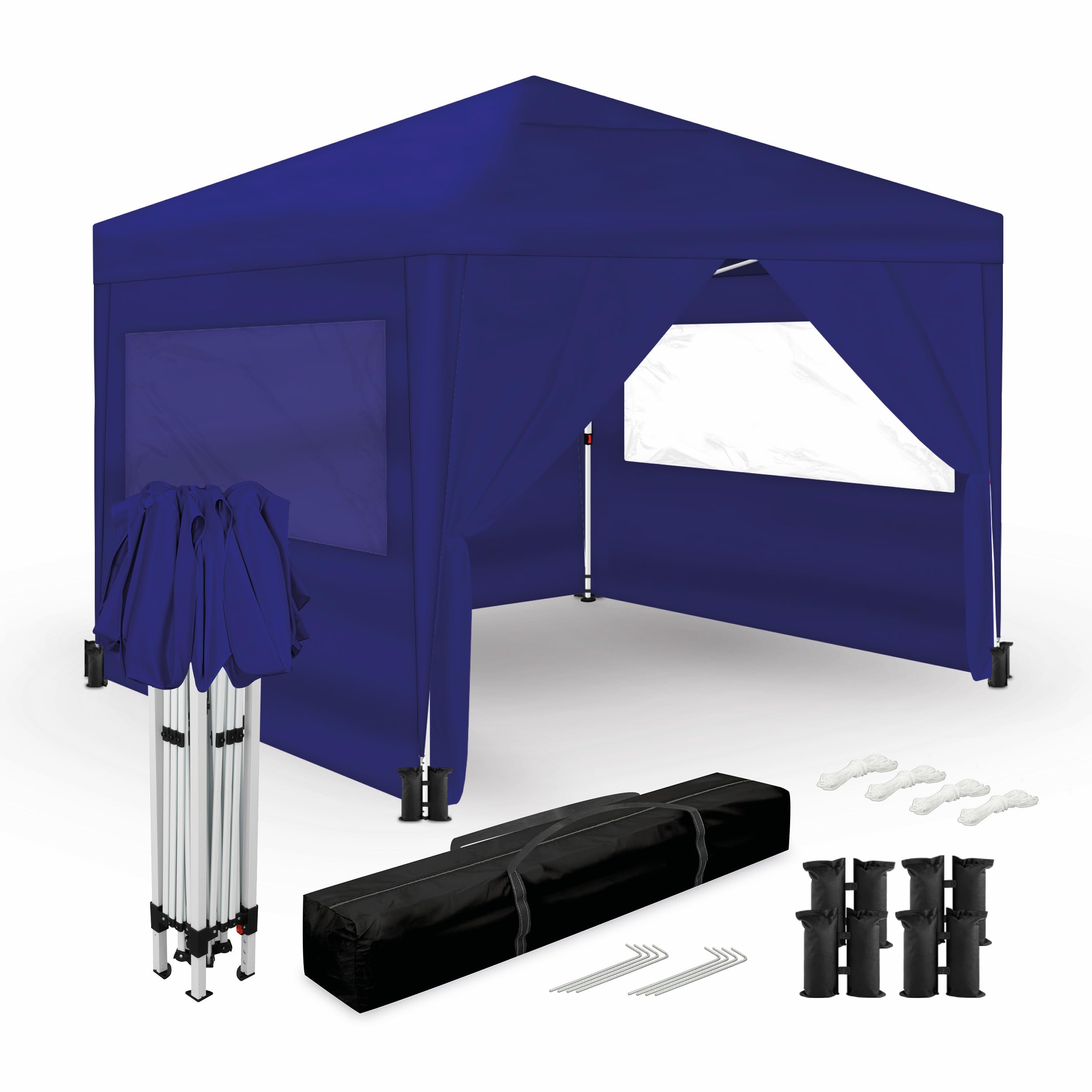 Wasabi - Carpa Plegable 3x3m – 4 Paredes Laterales – 4 Bolsas de Arena, Piquetas y Cuerdas de Fijación – Saco de Transporte - Pérgola de Nylon – Cenador para Jardín Exteriores Camping Fiestas (Azul)