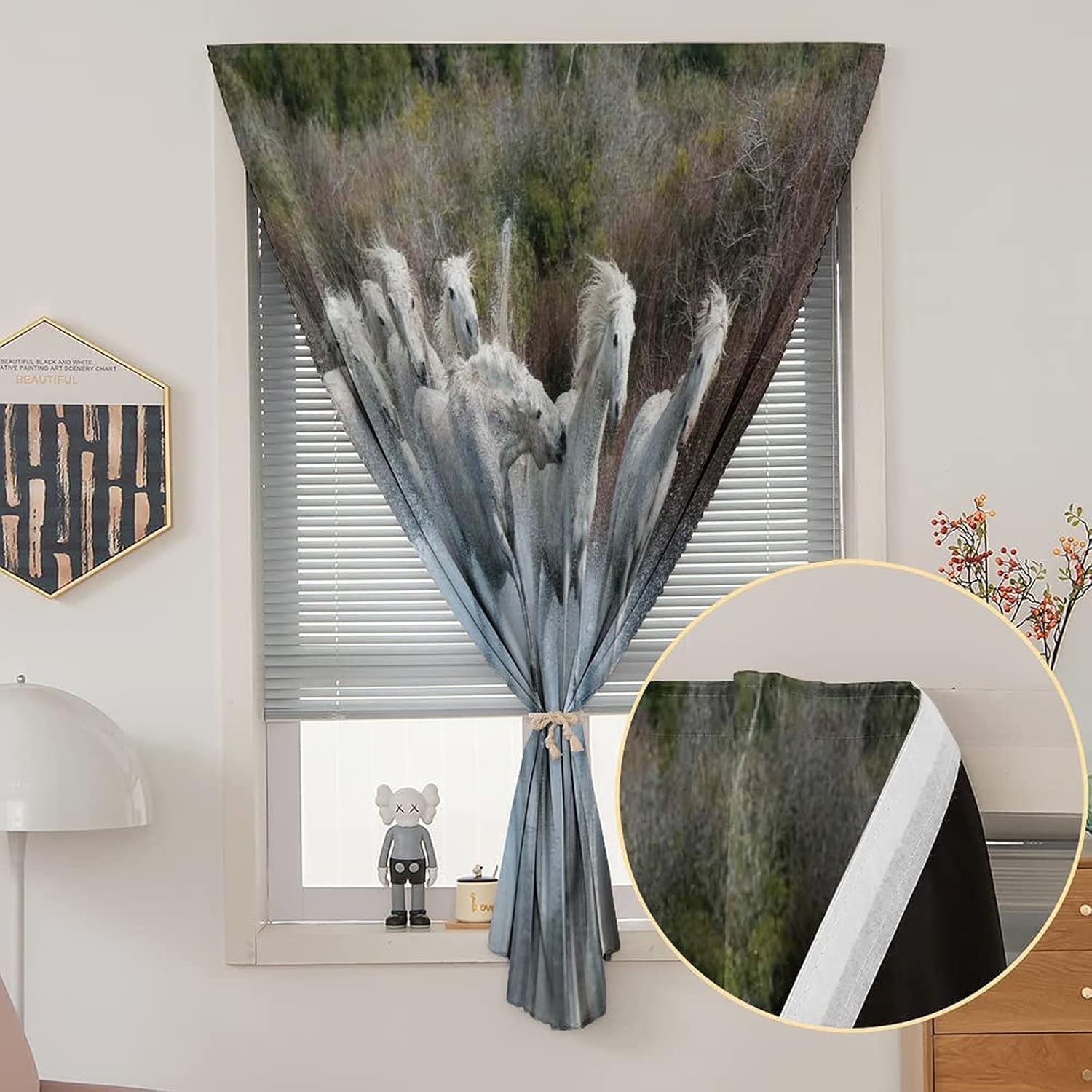 Self Adhesive Portable Blackout Curtains, Horses Room Darkening Curtains, Group of Carmargue Horses Running in River Print Temporary Blackout Blinds,59W x72L Inch, for Bathroom Living Room Bedroom