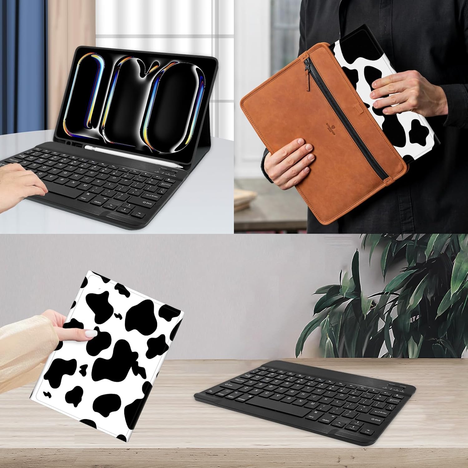 TopPerfekt for iPad Pro 11 Inch M4 2024 (5th Generation) Case with Bluetooth Keyboard (Detachable, Rechargeable, Magnetically Absorbent), Auto Sleep/Wake, Pencil Holder - Black Cow