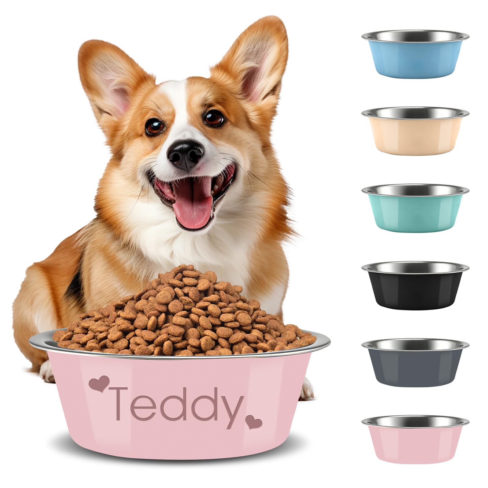 Personalised Dog Bowl, Custom Laser Engraved With Pet Name, Stainless Steel With Non-Slip Pad, Food & Water Dual-Use, Anti-Spill Feeding Dish For All Dog Breeds (Pink, M(21cm))