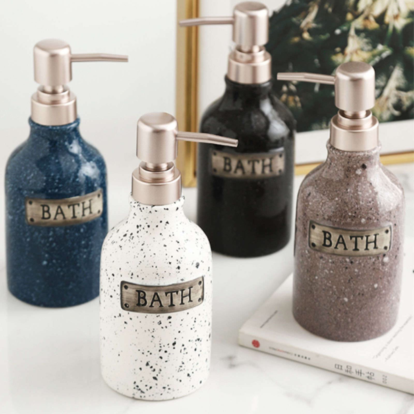 Dispensador de jabón, dispensador loción cerámica, Manos, encimera tocador baño rellenable, Blanco, 400 ml/14 oz