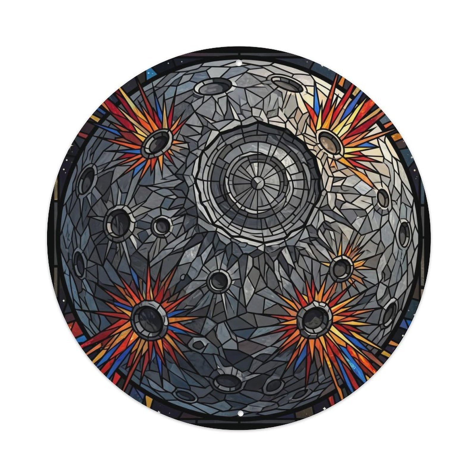 Lunar Crater Moon Stained Glass Cosmic Orbit Galaxy Space Metal Tin Sign Plaque Wall Decor for Cafe, Man Cave, Club Bar, Office, Home Garden Round Metal Poster 8x8Inch