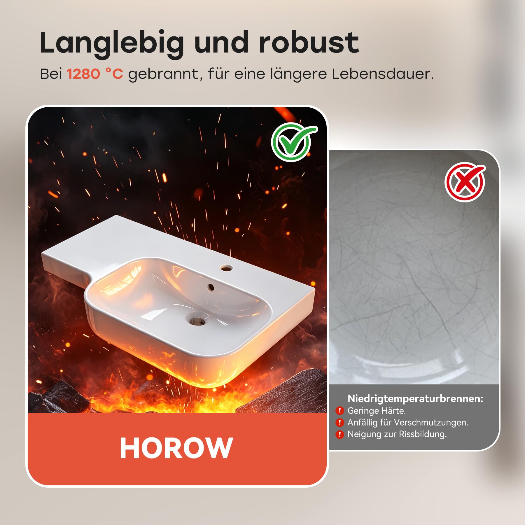 HOROW Waschbecken Bad Wandmontage mit Ablage 72x45 cm | Modernes Keramik Hängewaschbecken Waschtisch Bad für Badezimmer, Gäste WC & Garten, leicht zu reinigen