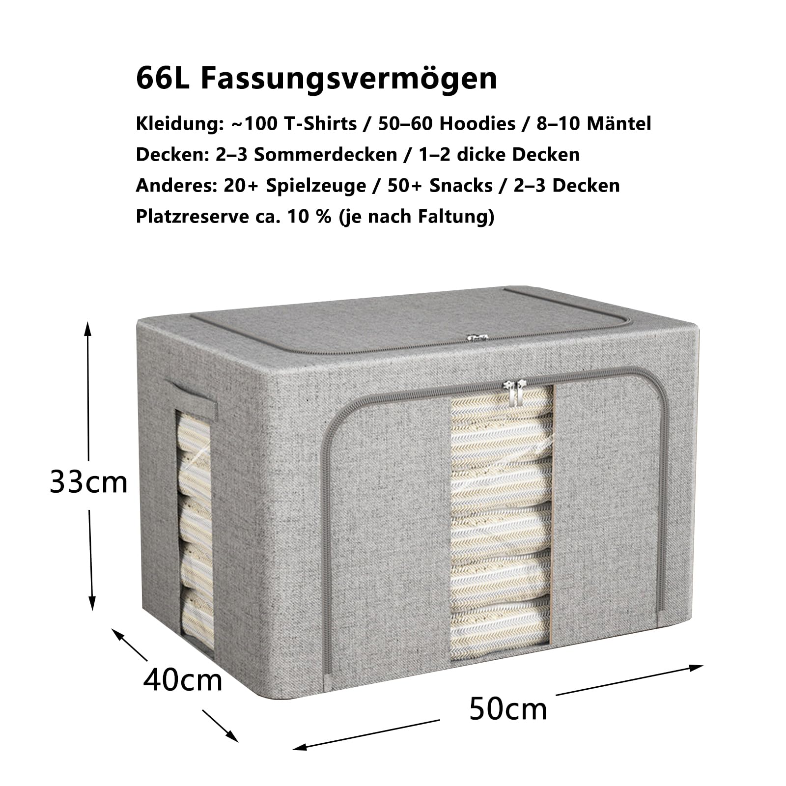 Aufbewahrungsboxen Kleidung 66L, Faltbar Mit Metallrahmen, Deckel, Sichtfenster, Stapelbar Für Kleiderschrank Und Schlafzimmer (4, Grau)