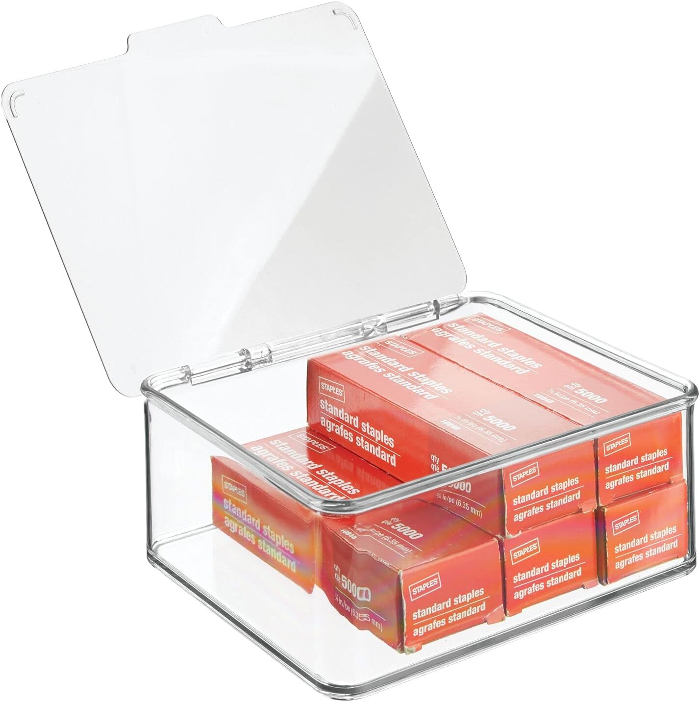 mDesign Small Mini Plastic Stackable Home, Office Supplies Storage Organizer Box with Attached Hinged Lid - Holder Bin for Note Pads, Gel Pens, Staples, Dry Erase Markers, Tape - 8 Pack - Clear: Home & Kitchen