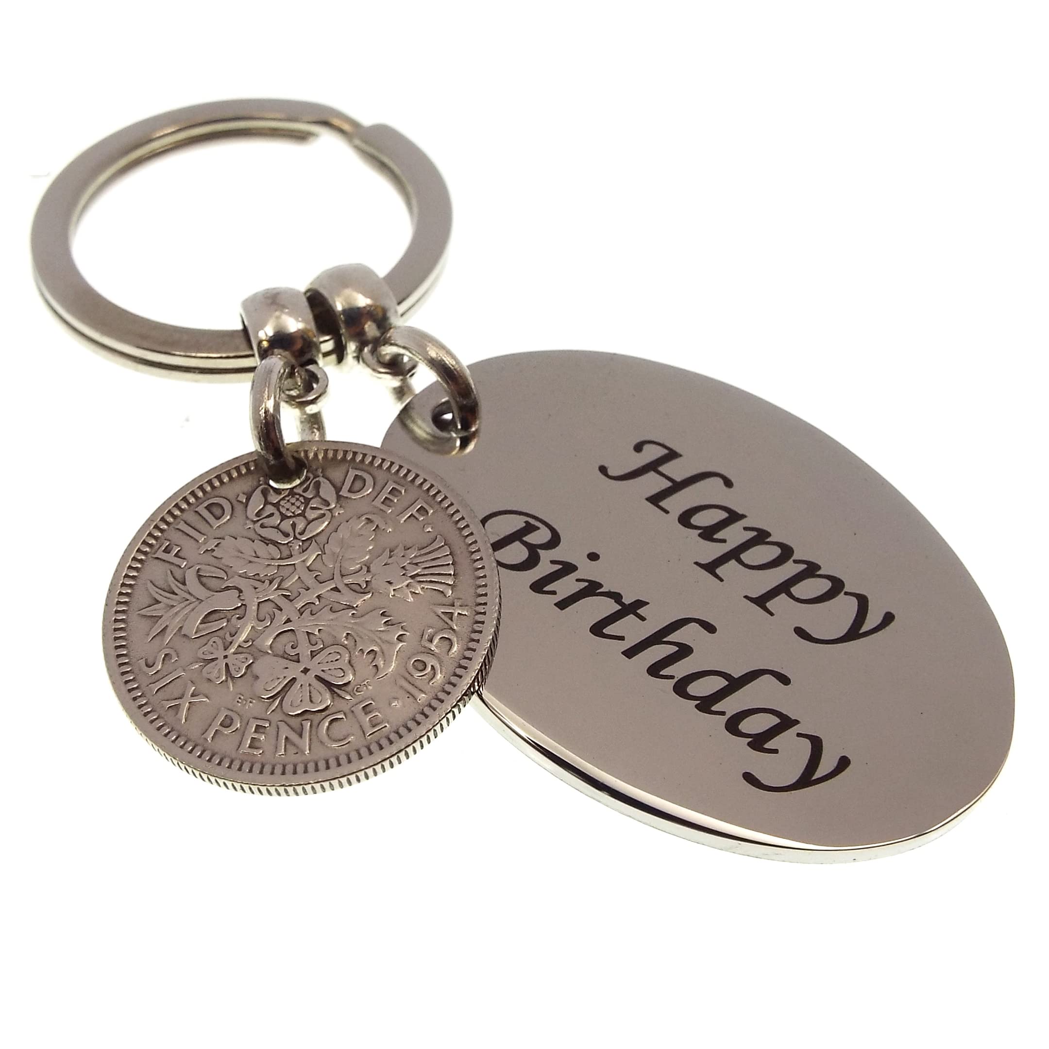 A Silver Dream 1954 HAPPY BIRTHDAY Sixpence Coin Keyring