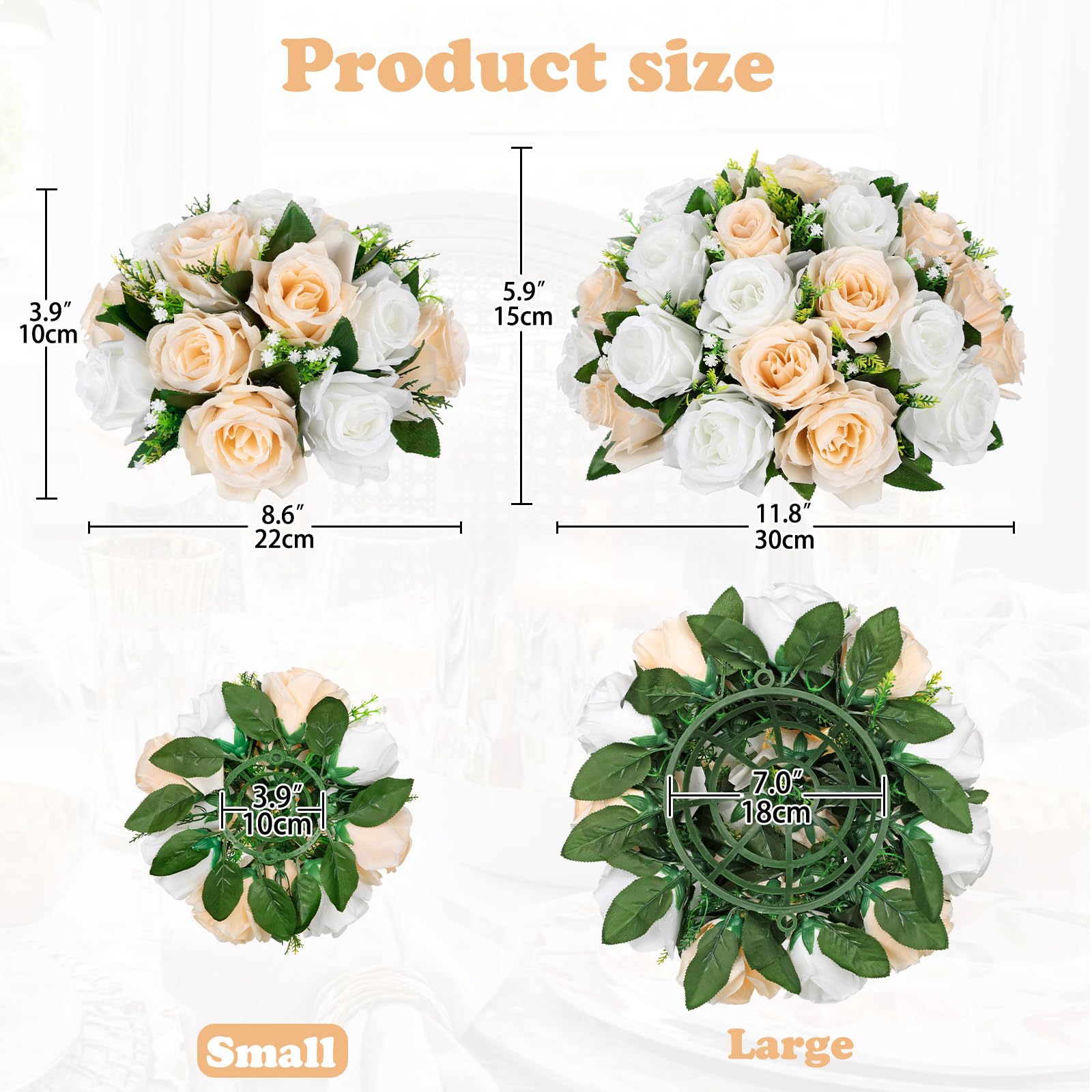 Oairse 2 Pcs Artificial Flower Ball with 15 Heads Silk Roses Flowers 22cm Champagne Fake Flower Ball Arrangement with Base Flowers Bouquets for Centrepieces for Wedding Party Valentine Decor - Image 2
