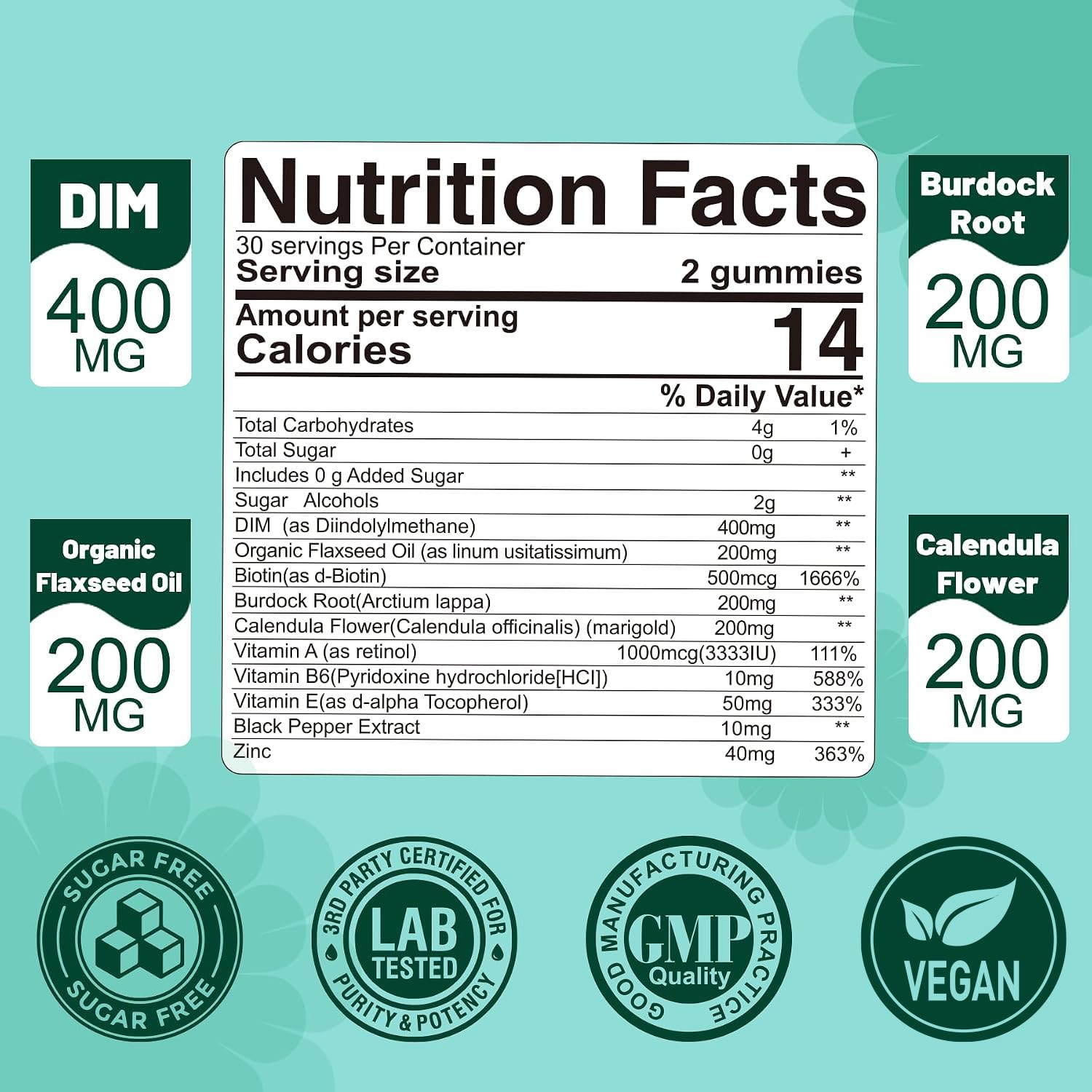 DIM Supplement Women 400mg, Estrogen Supplement for Women, Sugar Free DIM Gummies for Men & Women + Biotin, Flaxseed Oil, Burdock, Calendula, BioPerine for Hormone Balance, Menopause & Prostate 120Cts — Amazon image 2