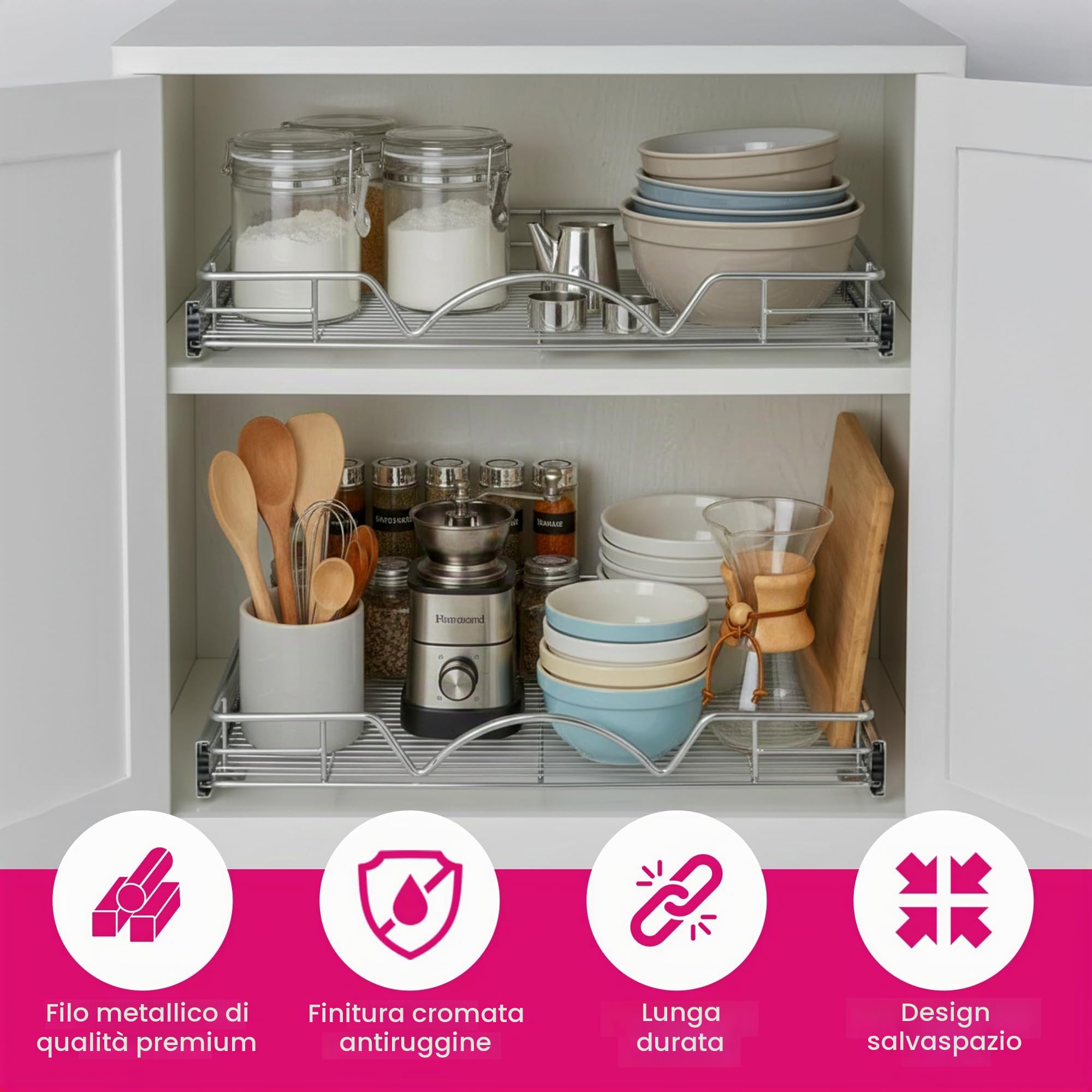 HOLD N' STORAGE - Organizer estraibile per cassetti, resistente, con ripiani estraibili, 28 x 53 cm (larghezza x profondità), richiede almeno un'apertura da 30,6 cm, metallo in acciaio, finitura | Cassetti per armadi in acciaio cromato, richiede almeno 30