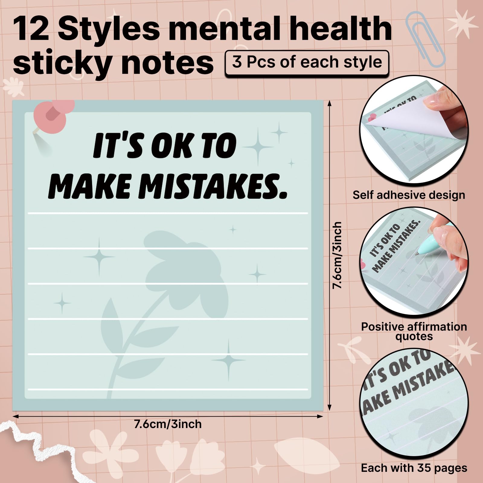 Funrous 36 Pcs Mental Health Sticky Notes Bulk 3 x 3 Inch Positive Affirmation Notepads Inspirational Sticky Note Pads Positive Psychology Gifts for Teachers Coworkers Home Office Study Work Supplies - Image 2