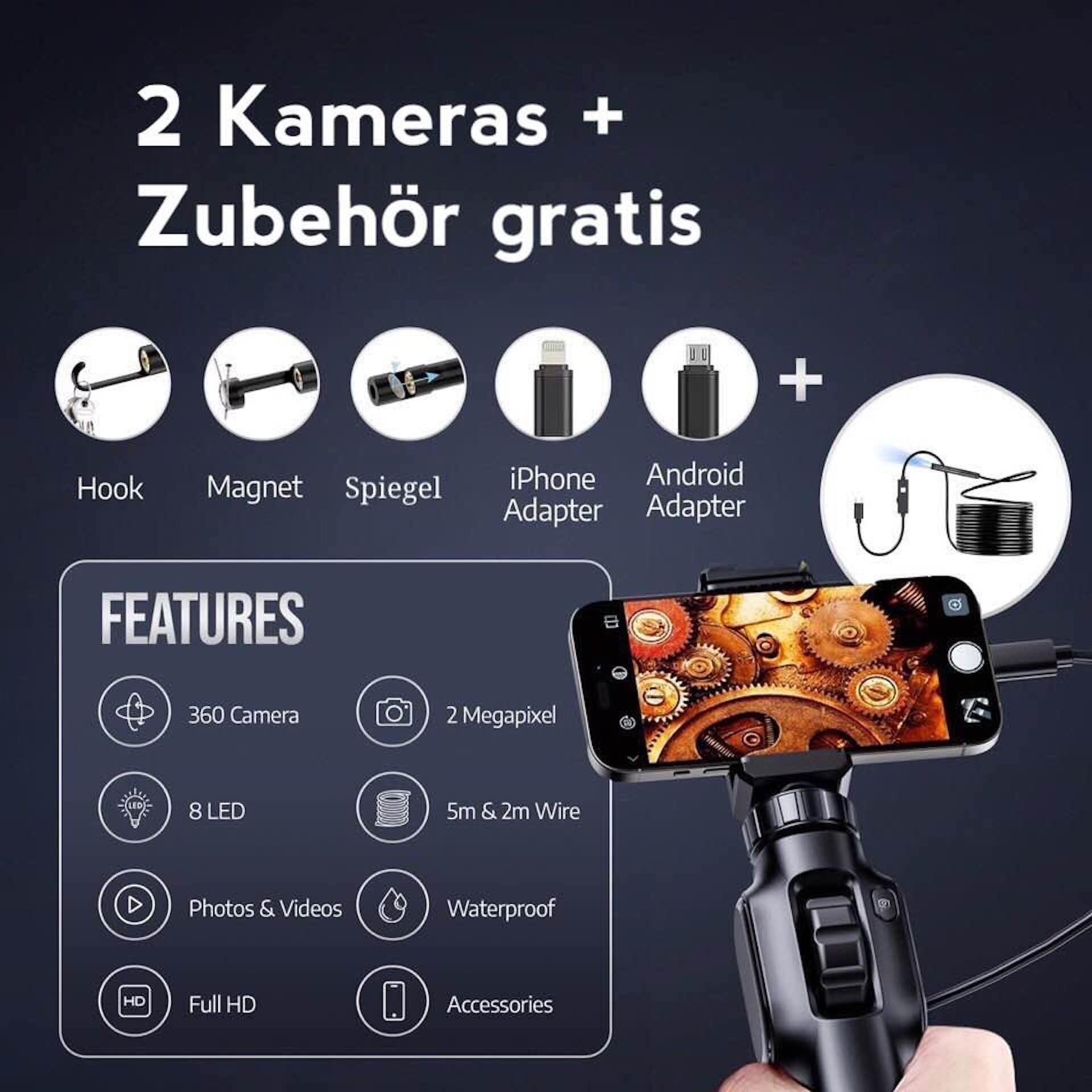 2 Endoskopkameras zur industriellen Inspektion 1920P mit 8 LEDs EIN schwenkbares Endoskop 1,5 m Kabel + eine verdrahtete Kamera 5 m Kabel für mechanische Kanalisation Android/iPhone-kompatibel