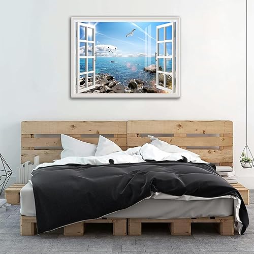 Miniatura 3 de Calcomanía mural removible para ventana falsa 3D, autoadhesiva, imagen de póster de 35 x 24 pulgadas, diseño de mar y sol, despegar y pegar,