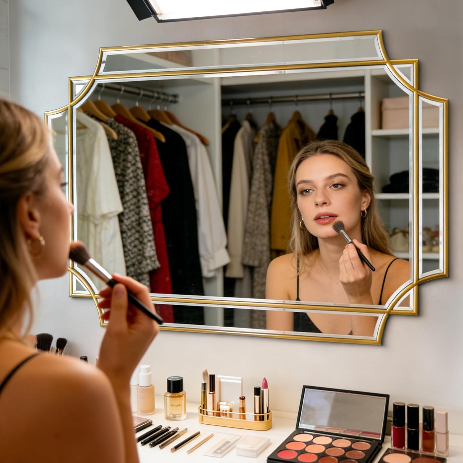 Gold Beveled Mirror, 20"x30" Bathroom Vanity Mirrors for Over Sink, Modern Rectangle Mirror with Wood Frame, Elegant Decorative Mirrors for Living Room Bedroom Fireplace Entryway Hallway