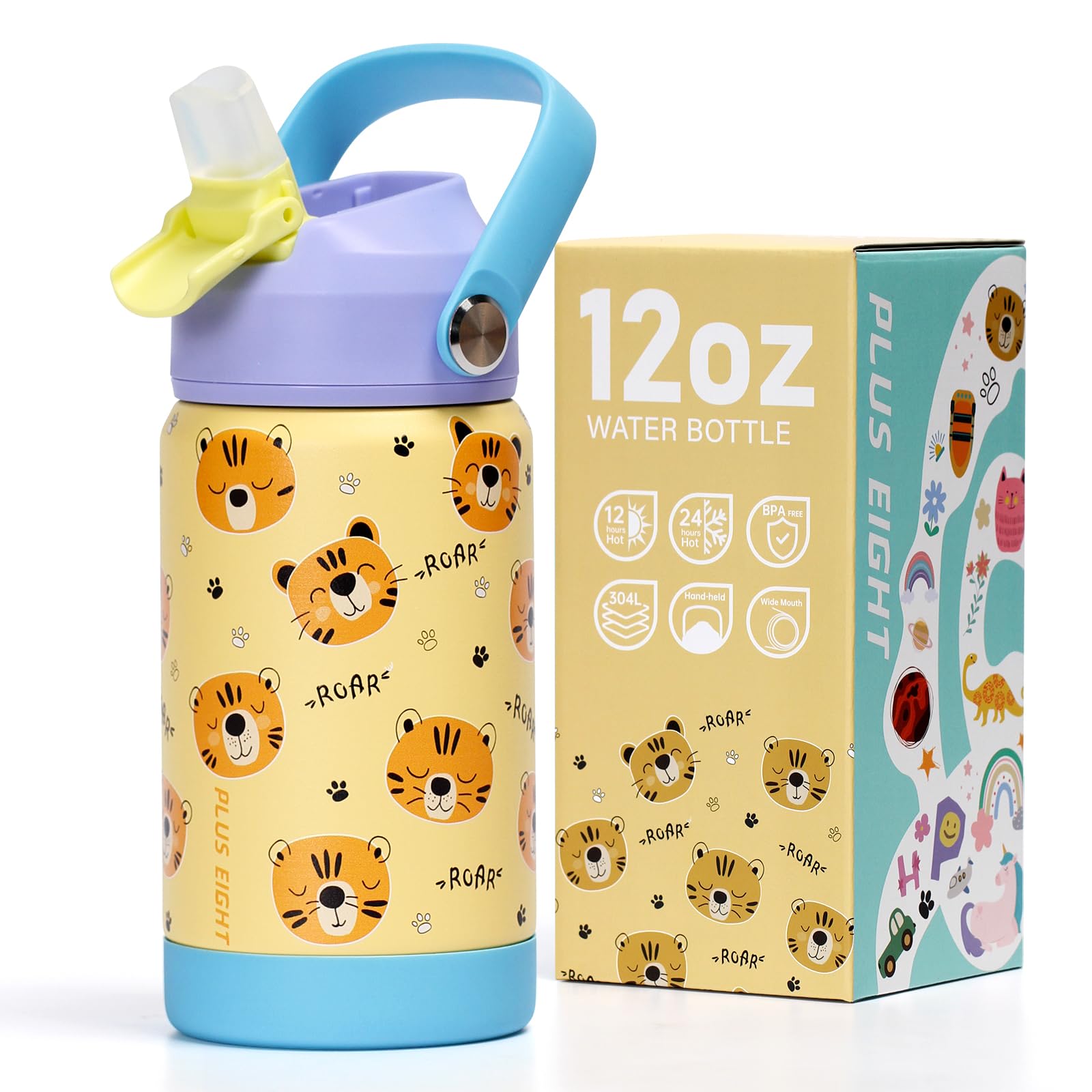 pluseight Kids Insulated Water Bottle with Straw Lid, 12 oz BPA-Free Double Wall Vacuum Tumbler 18/8 Stainless Steel Leak Proof Kids Cups with Straw for School Travel Boys Girls (Tiger)