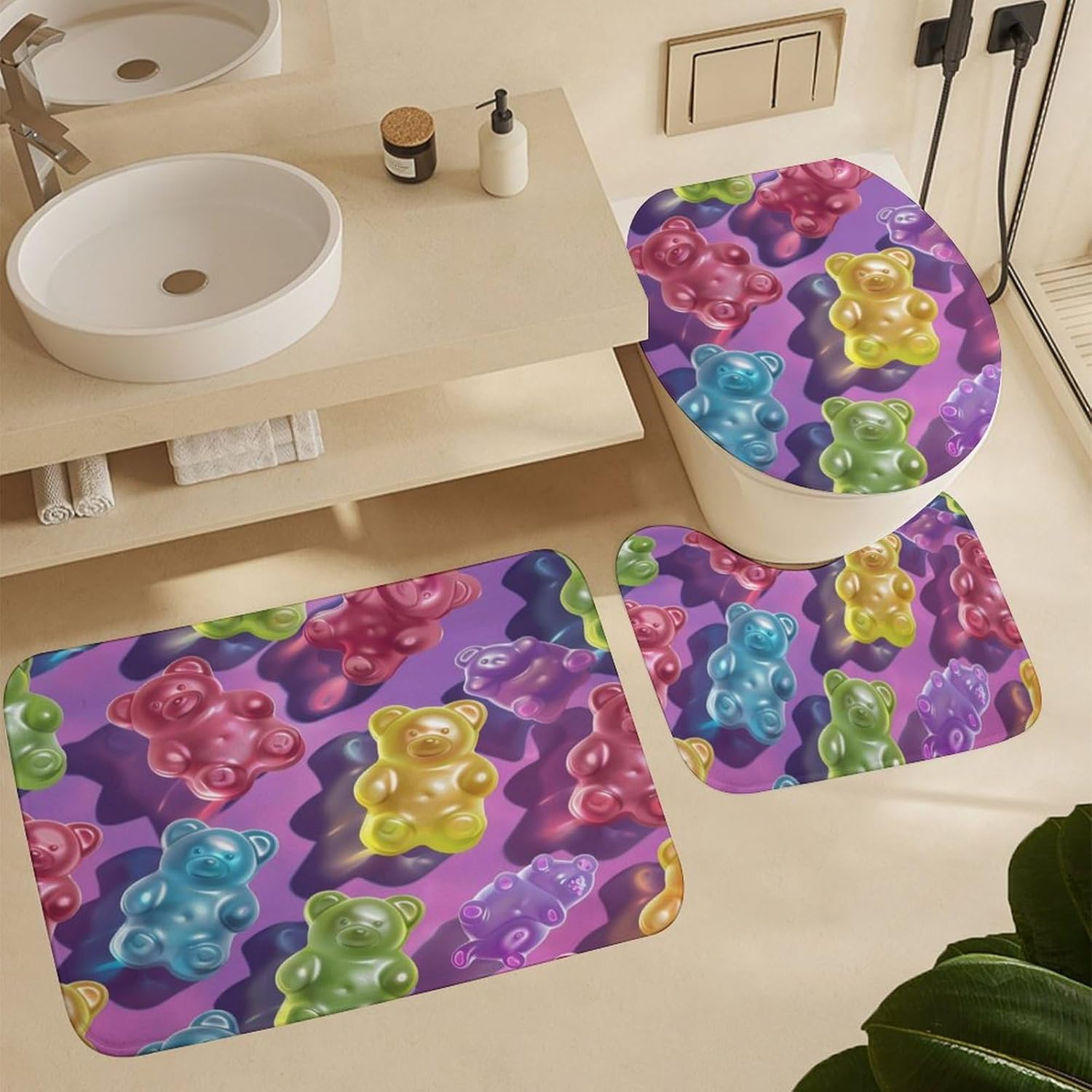 4pcs Gummy Bear Illustration Shower Curtain Set with Rugs, Toilet Lid Cover and Bath Mat, Funny Jelly Candy Bathroom Curtains Decor Shower Curtains, 72" X 72"