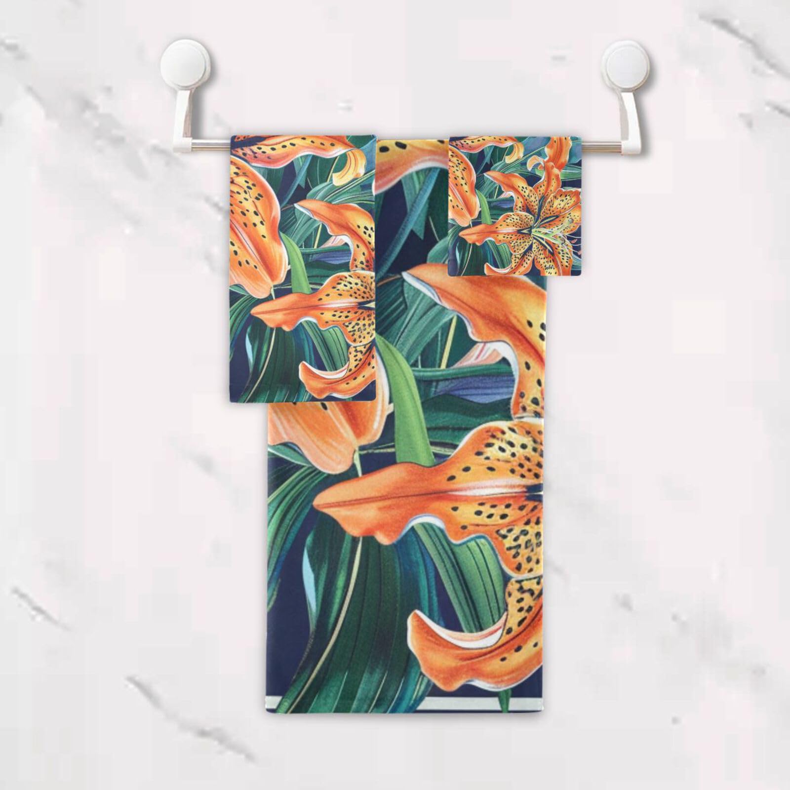 Set di 3 asciugamani da testa a punta con fiori arancioni in stile bohémien, 1 asciugamano da bagno, 1 asciugamano per mani, 1 panno per spiaggia, capelli, viso, palestra, nuoto, cucina