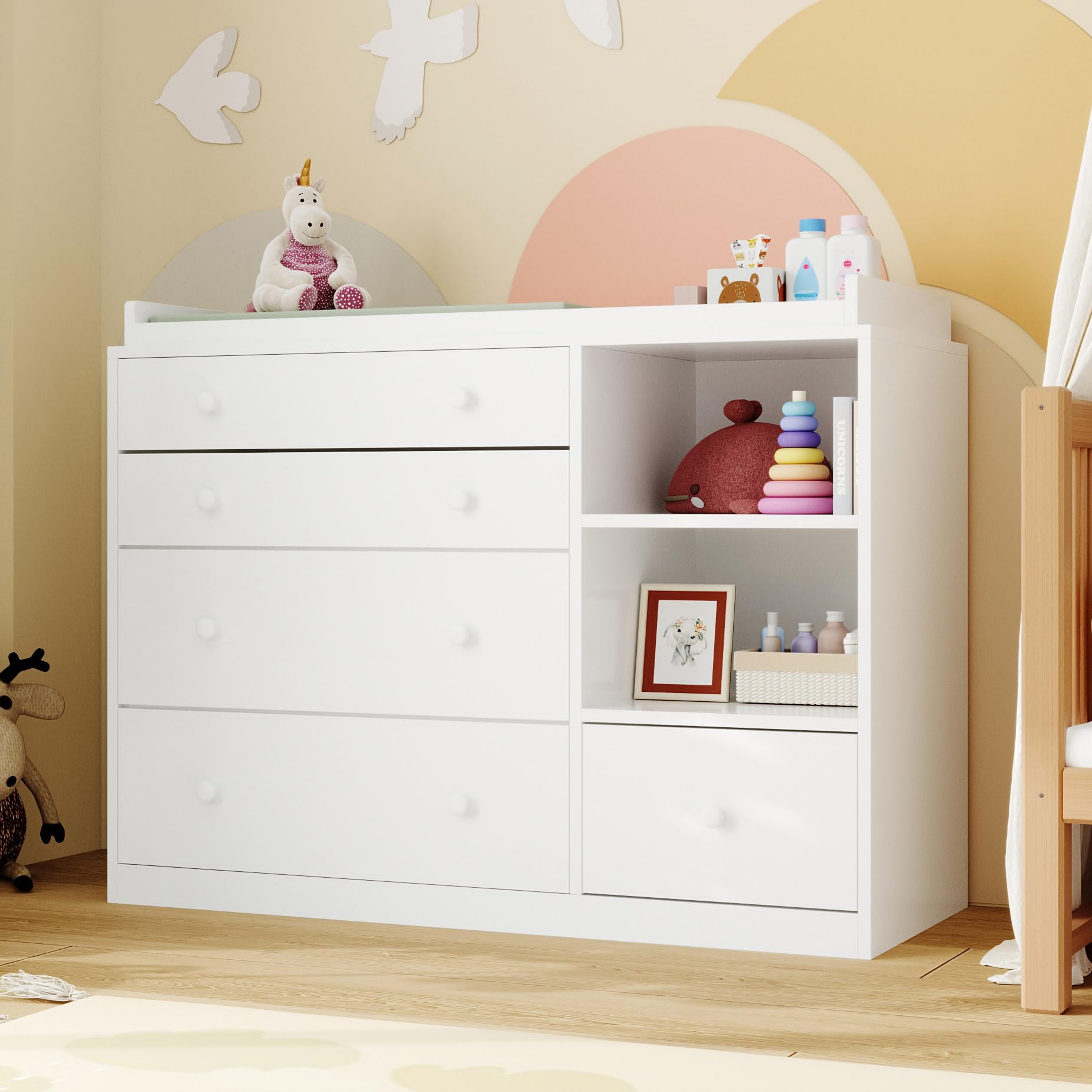 Cómoda para bebé Lovinouse 47, cambiador de pañales, mueble con 5 cajones y 2 estantes, cómoda para habitación de bebé con almacenamiento, cambiador extraíble, dormitorio, habitación infantil, color blanco