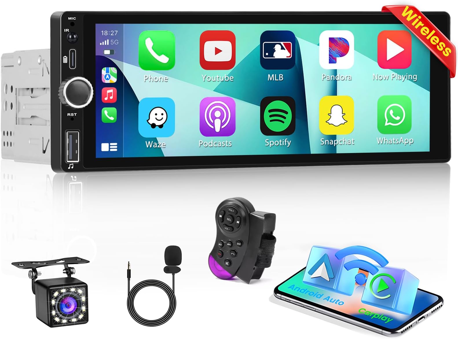 Autoradio 1 DIN avec Carplay et Android Auto - 6.86 Pouces HD Ecran