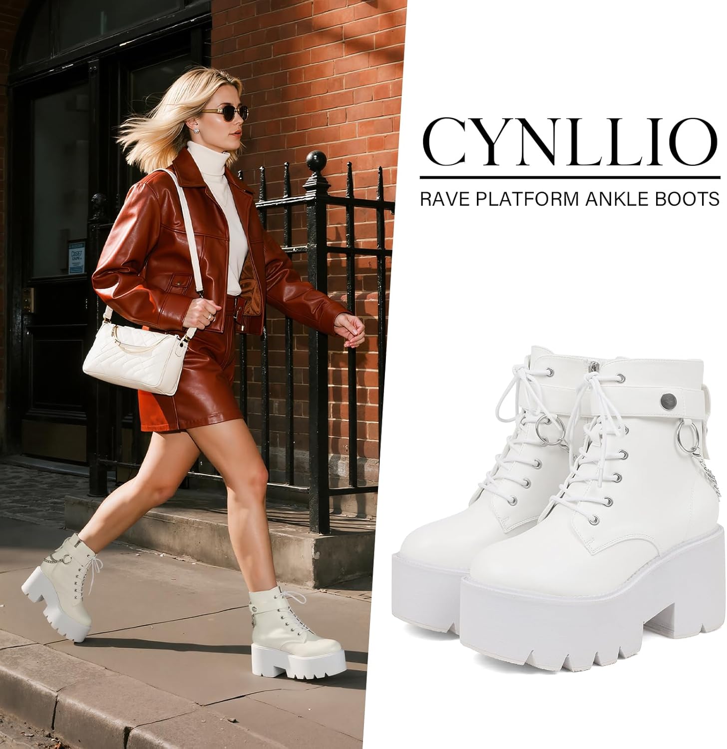 CYNLLIO Platform Ankle Boots for Women Combat Chunky Wedge Heel Boots Rave Goth Lace Up & Zipper Booties Punk Chain Shoes for Festival Concert Cosplay Party - Image 6