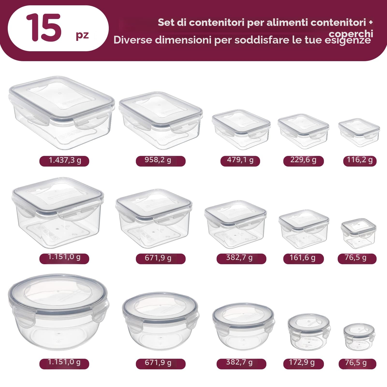 Jim's Store Set di Contenitori Ermetici 30 Pezzi, Contenitori per Alimenti (15 contenitori,15 coperchio) a Prova di Perdite Adatto per Cucina Frigo a Microonde