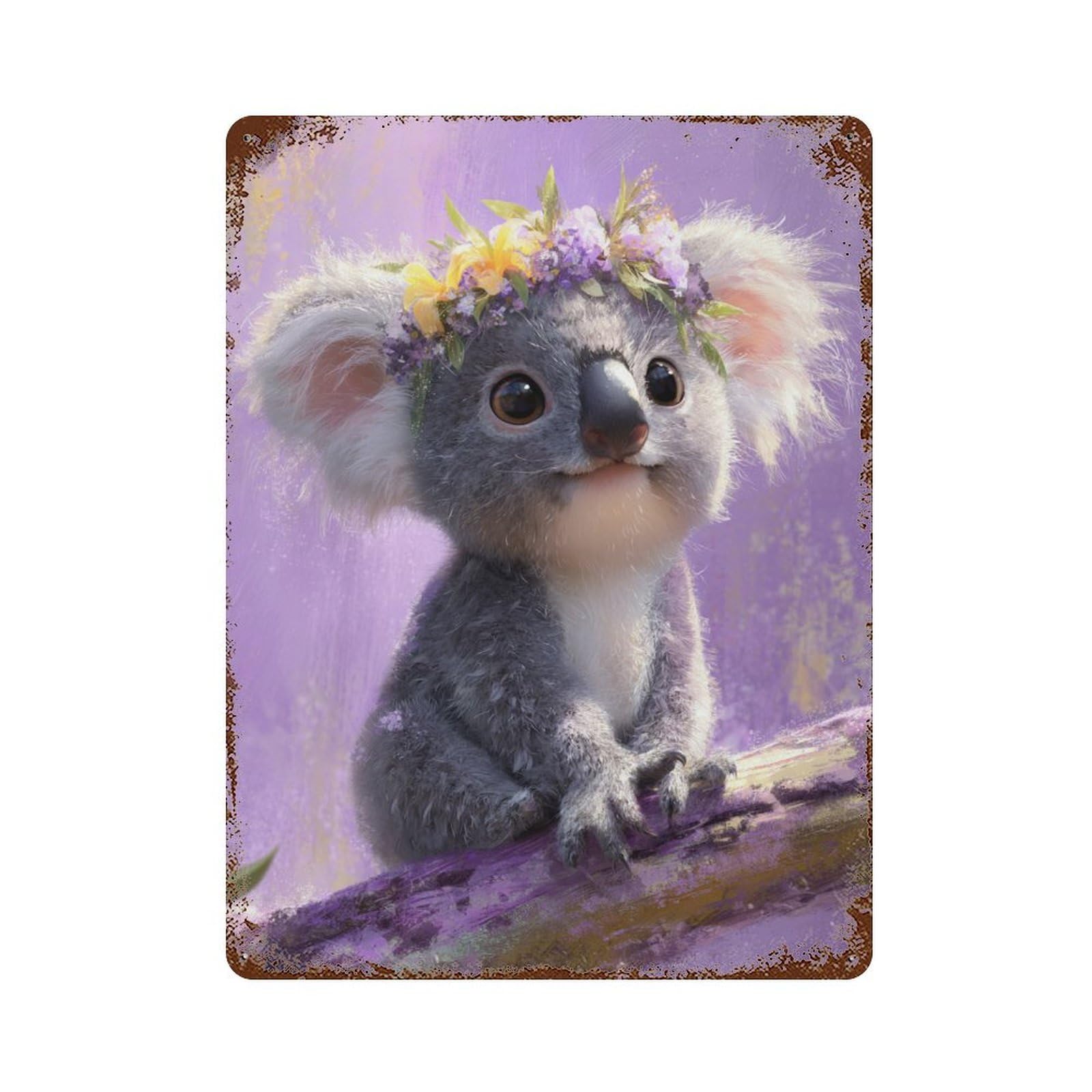 Cute Koala with Flower Crown Weathered Tin Sign 15.7"x11.8", Rustic Home Decor for Garage, Bar And Workshop Decor