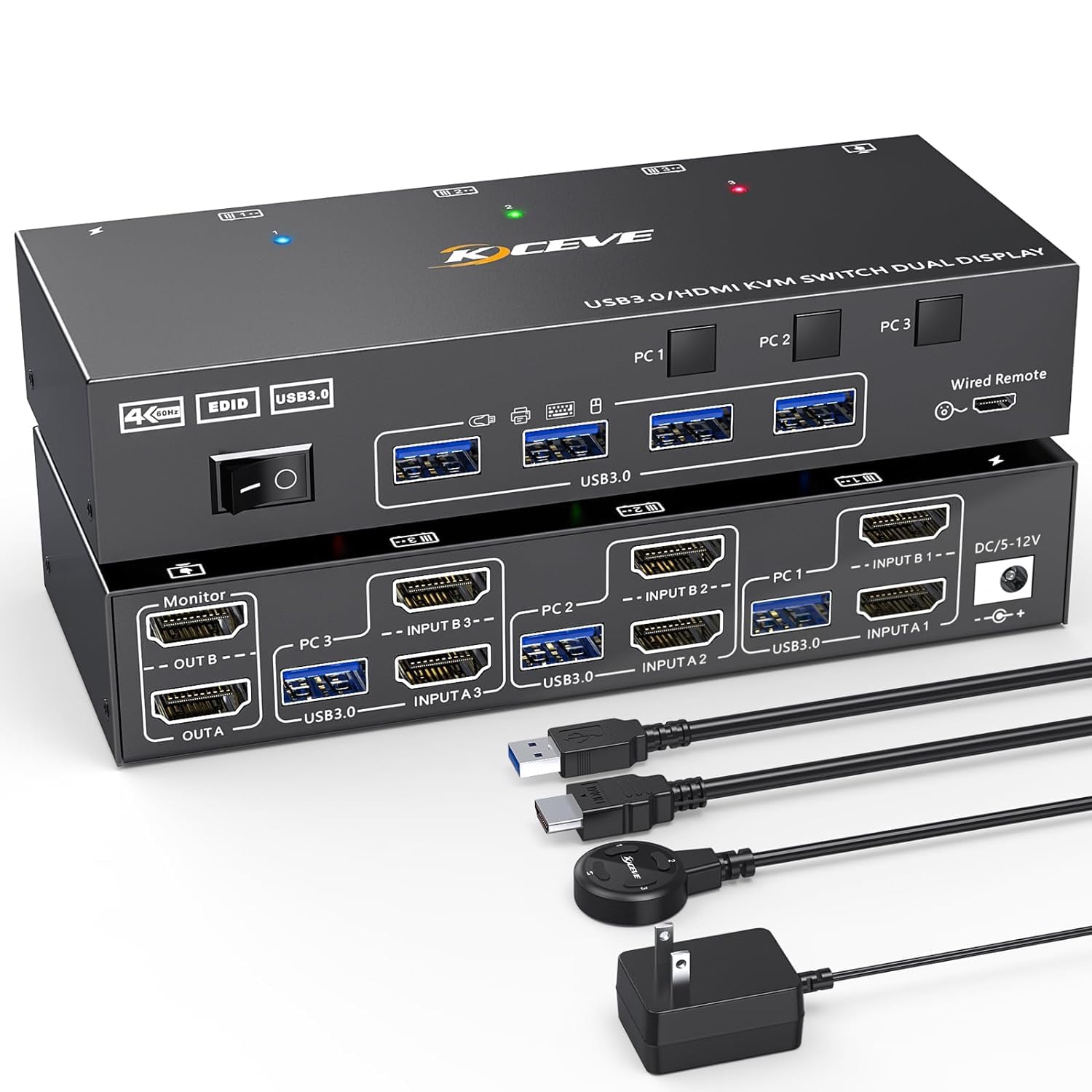 HDMI KVM Switch Dual Monitor 3 Computers Support 4K@60Hz USB 3.0 KVM Switches Share Dual Monitors and 4 USB 3.0 Ports Support Extended/Copy Mode with DC 12V Adapter&Wired Controller