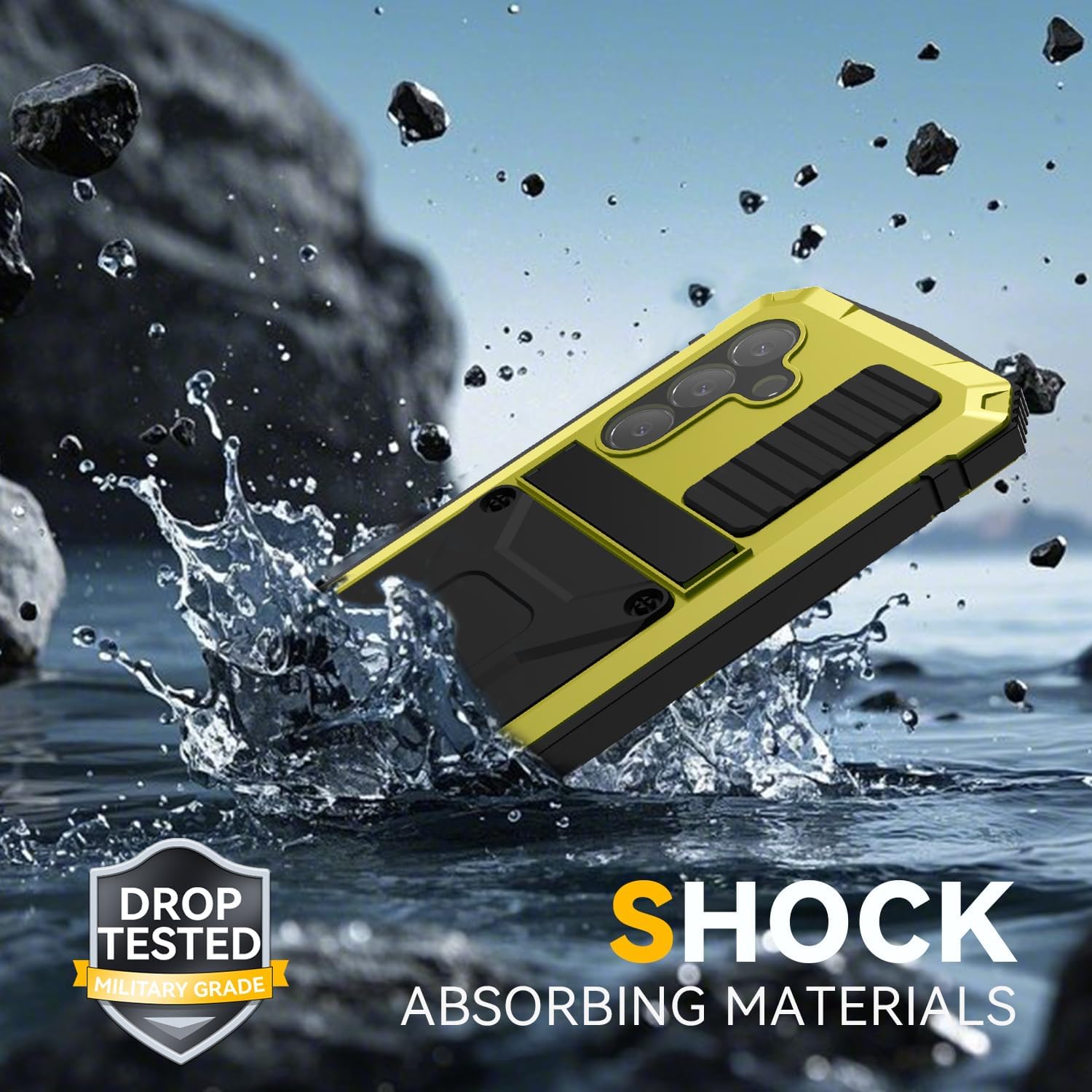 Simicoo for Samsung Galaxy S25 FE Metal Military Heavy Duty Case, Metallic Bumper Shockproof Dustproof Rugged Tough with Stand Screen Protector Camera Control Full Body Drop Protective Cover Yellow