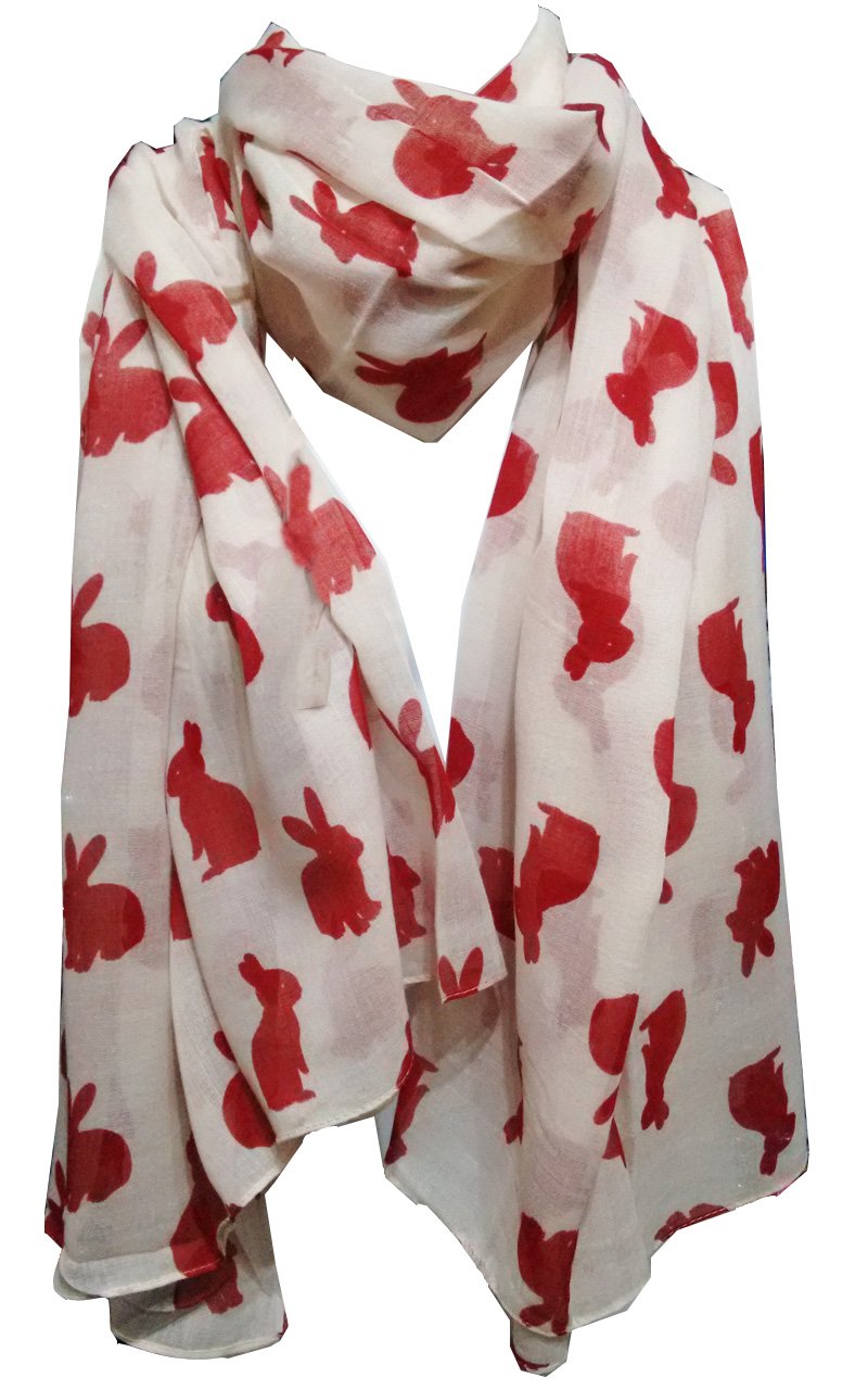 Glamlondon Women's Cream Red_150 Rabbit Print Scarf, Hare Bunny Animal, Fashion Soft Big Shawl Sarong Wrap (Cream Red_150)