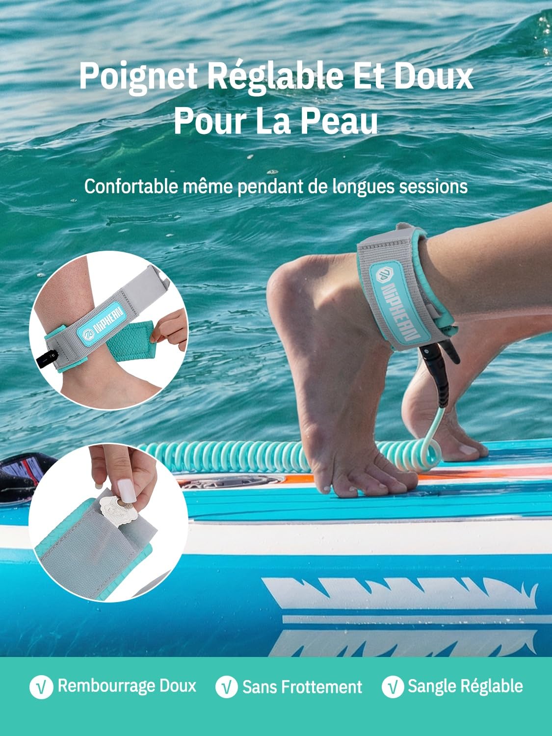 niphean Leash Paddle 1–3m, Leash Surf Élastique en Spirale 5mm, Leash Bodyboard Résistant avec Embout, Anti-Enchevêtrement, Confortable&Réglable pour Sup, Surf, Bodyboard, Boogie