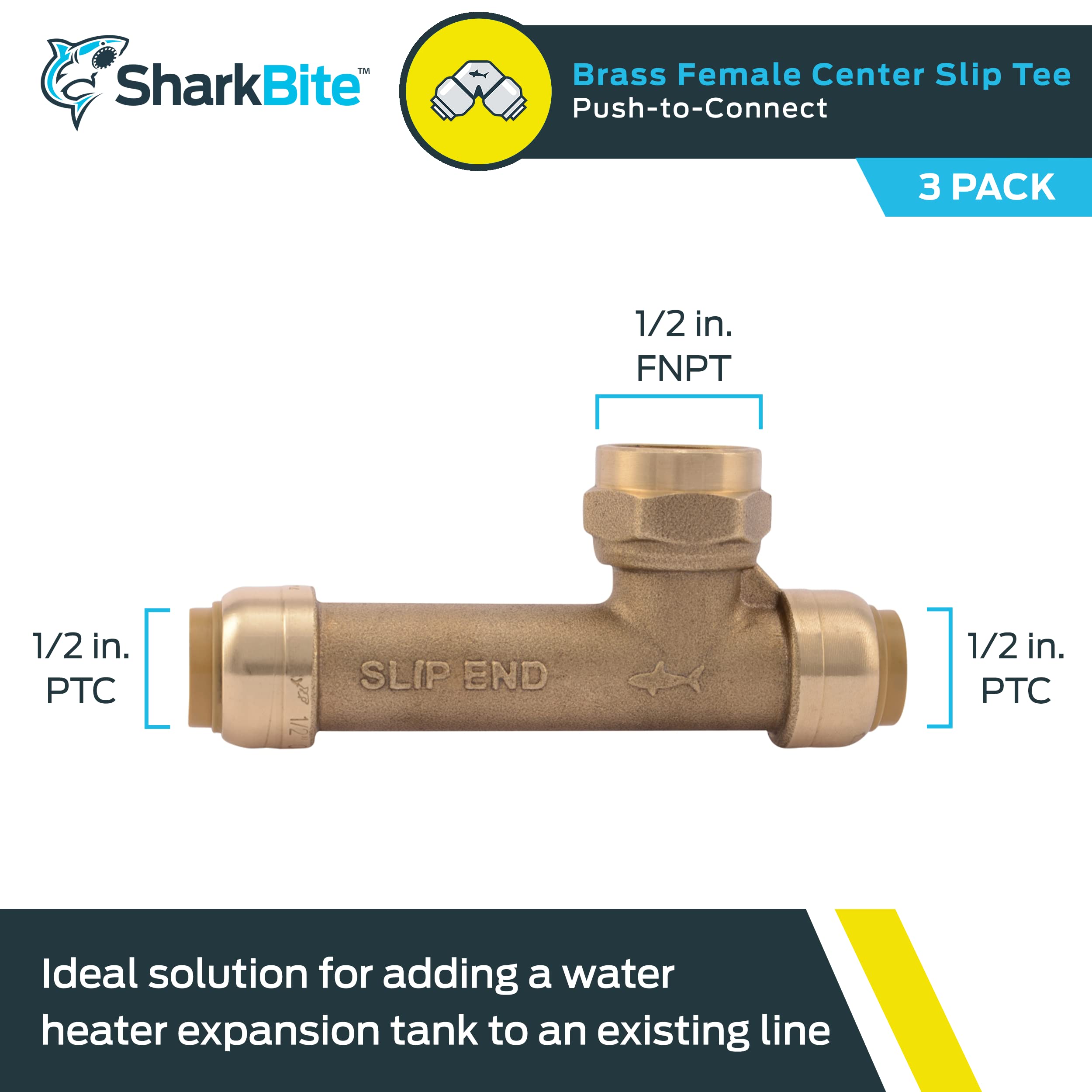 Sharkbite 1/2 inch FNPT Slip Adapter, Pack of 3, Push to Connect Brass Plumbing Fitting, Copper, CPVC, U3482LF - Image 2