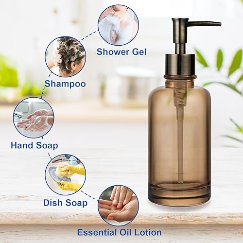 Miniatura 5 de Dispensador de jabón líquido de vidrio para baño, dispensador de jabón reutilizable de cocina de 11 onzas con bomba de plástico a prueba de óxido,