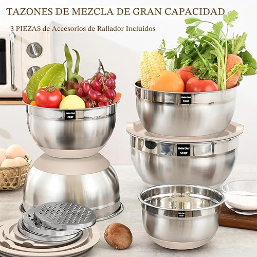 Miniatura 5 de Umite Chef, juego de 8 cuencos para mezclar con tapas herméticas, cuencos anidados de acero inoxidable color caqui con accesorios para rallar