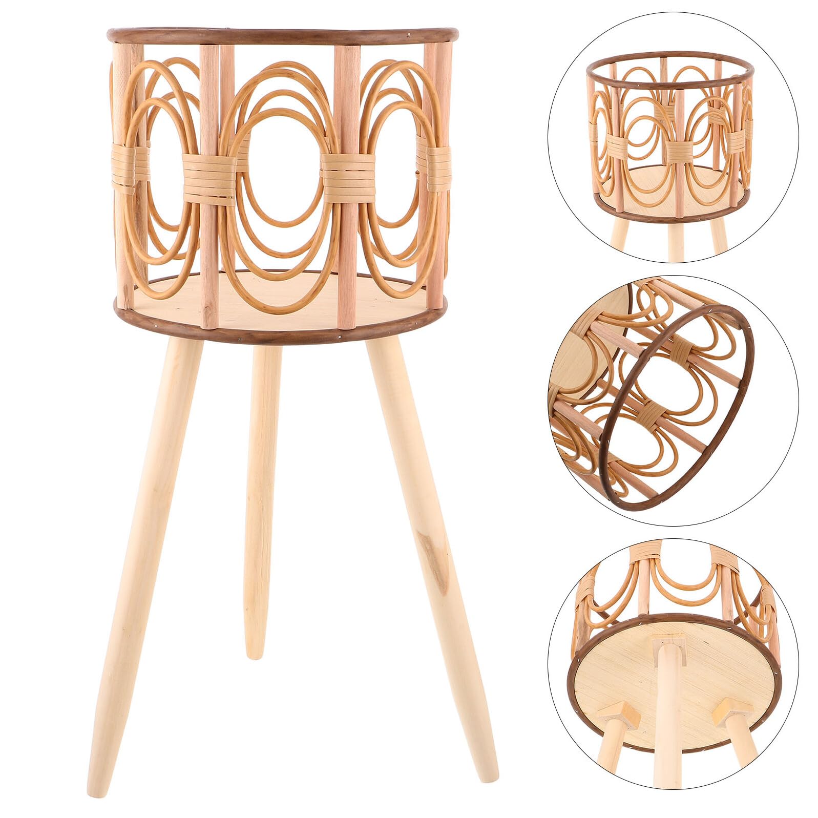 BESPORTBLE Support pour Jardinière Tressé Main en Bois avec Pieds, Diamètre 25 Cm, Hauteur Totale 53 Cm, Ventilation Efficace, Porte-Pots Décoratif sur Pied pour Intérieur et Extérieur,