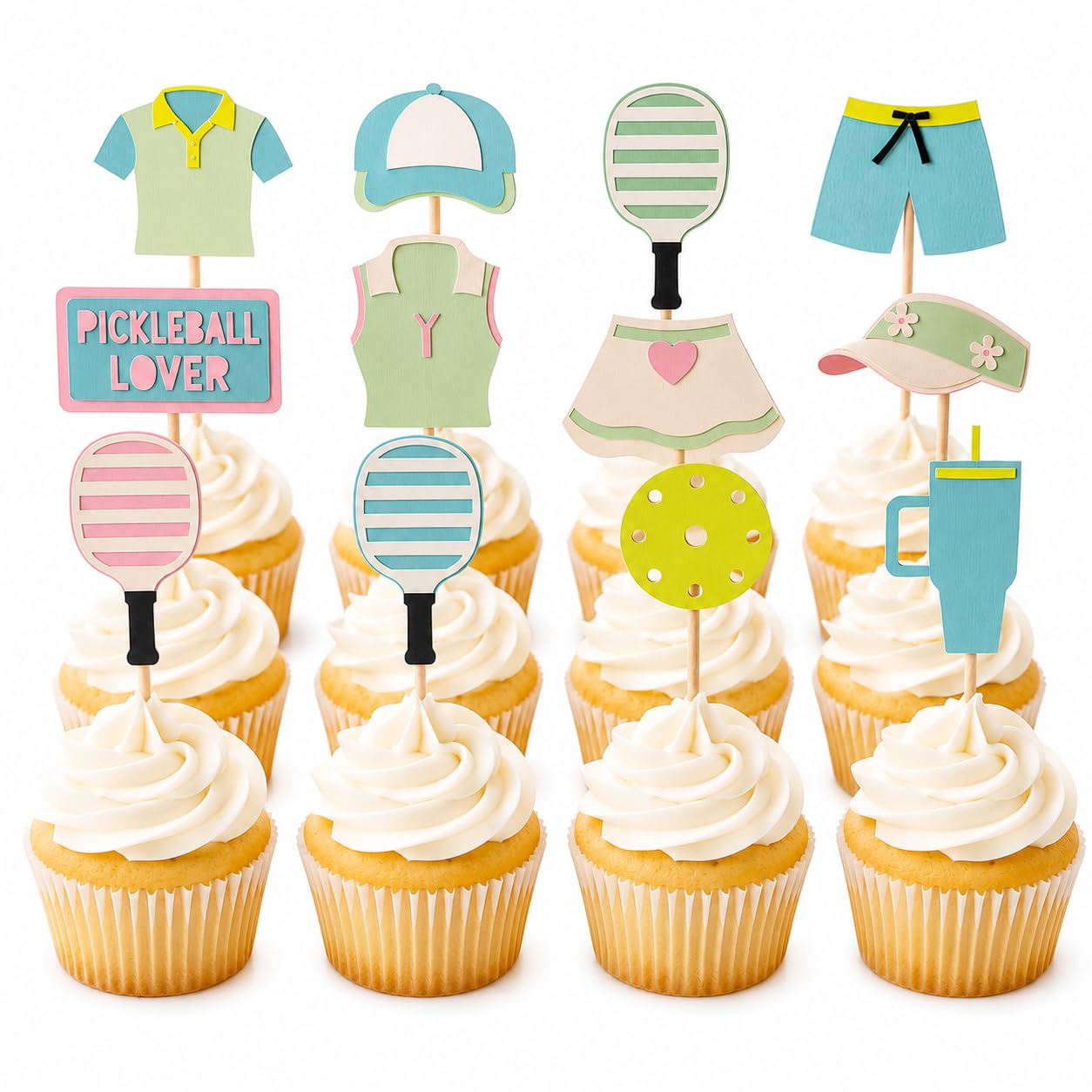 24 Pcs Pickleball Cupcake Toppers, Layered Cardstock Pickleball Party Decorations, Sports Birthday Cupcake Picks, 12 Unique Designs (2 Each), Pickleball Theme Dessert Decorations