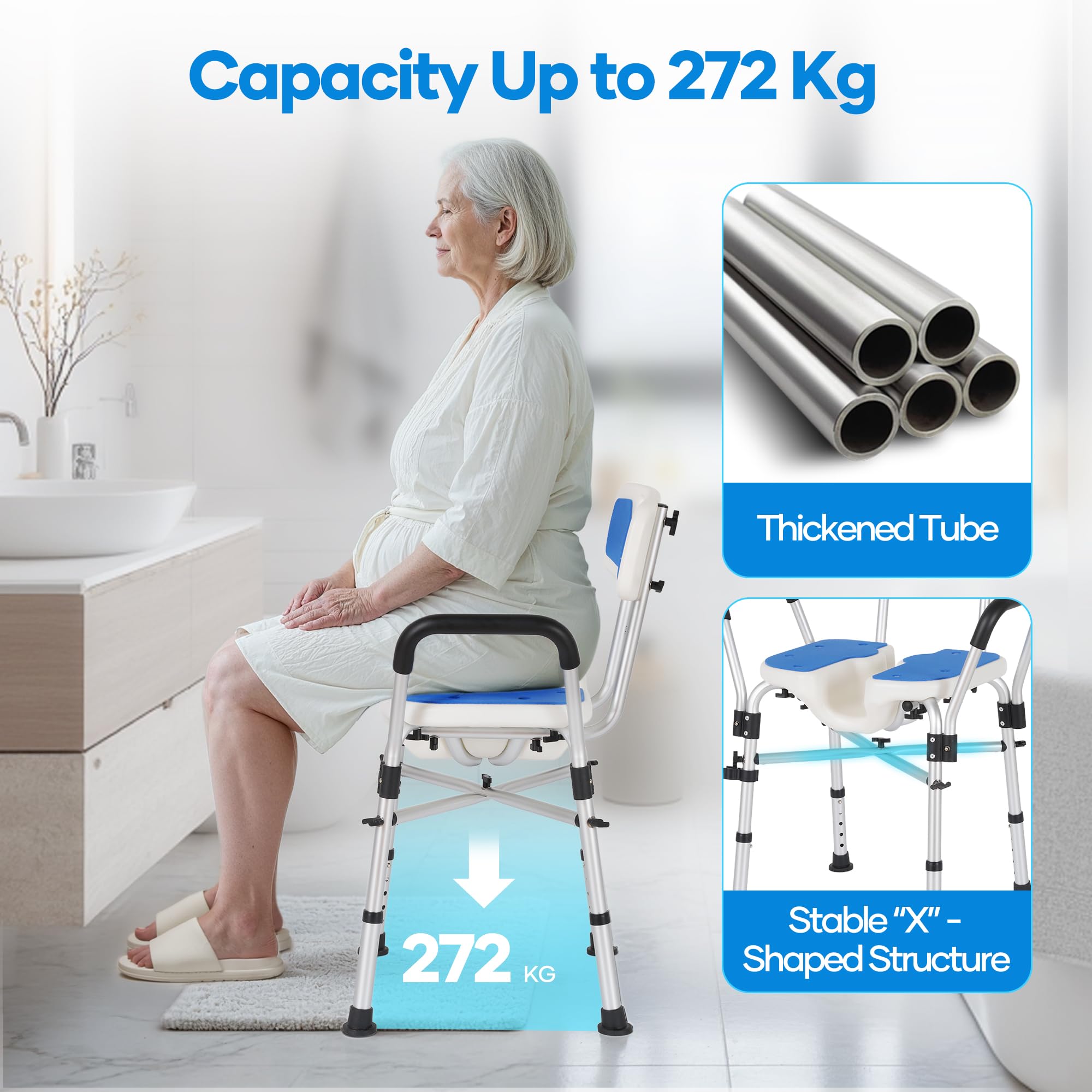 Careboda Taburete Ducha U con Respaldo, reposabrazos EVA, 272kg | Espuma EVA, Capacidad de Carga de 272 kg, Montaje sin Herramientas, Altura Ajustable, Aleación
