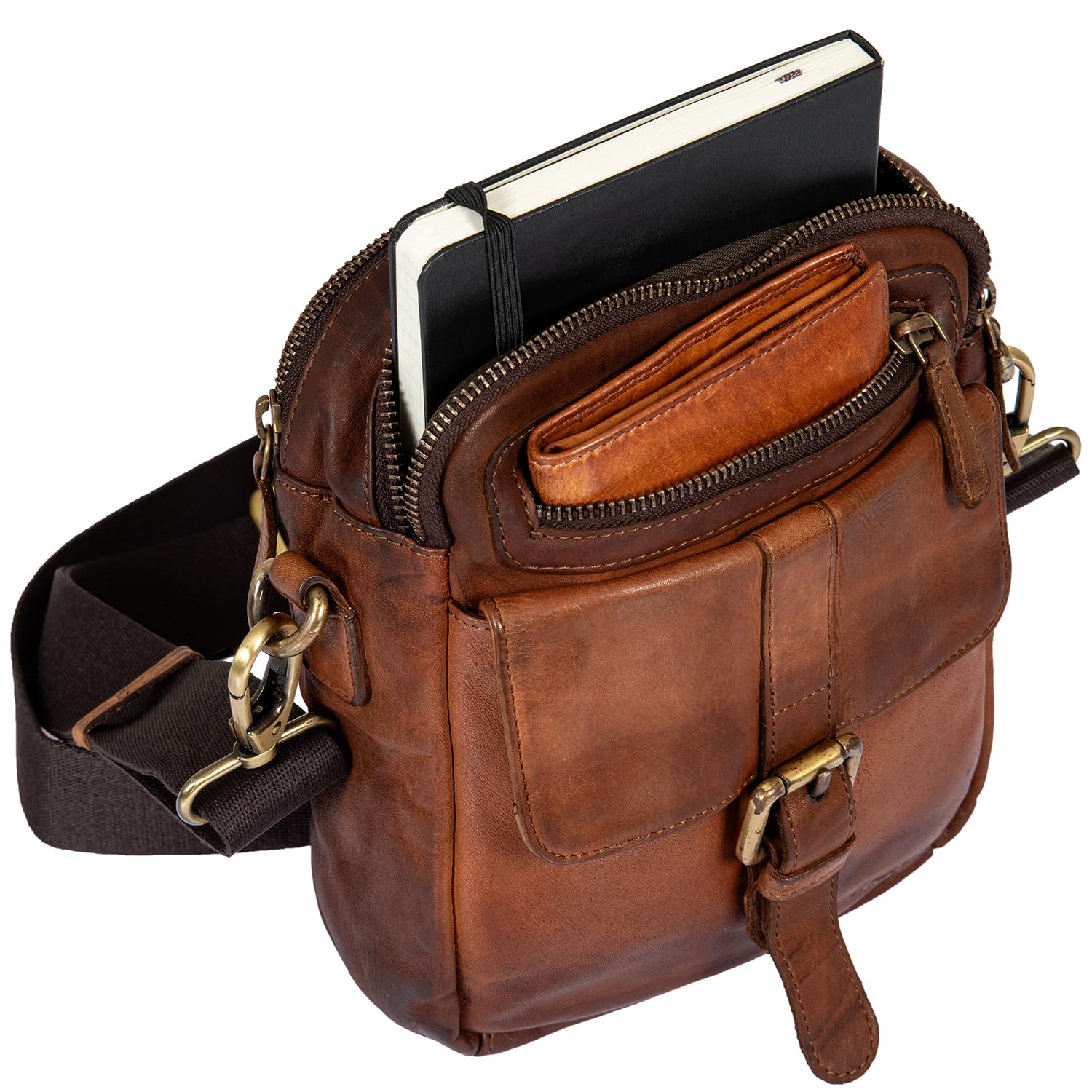 Avirex, Collezione Bell, Borsello a Tracolla in Pelle da Uomo – Stile Vintage, Doppio Scomparto con Zip, Vera Pelle Tamponata a Mano – Tracolla Regolabile e Removibile