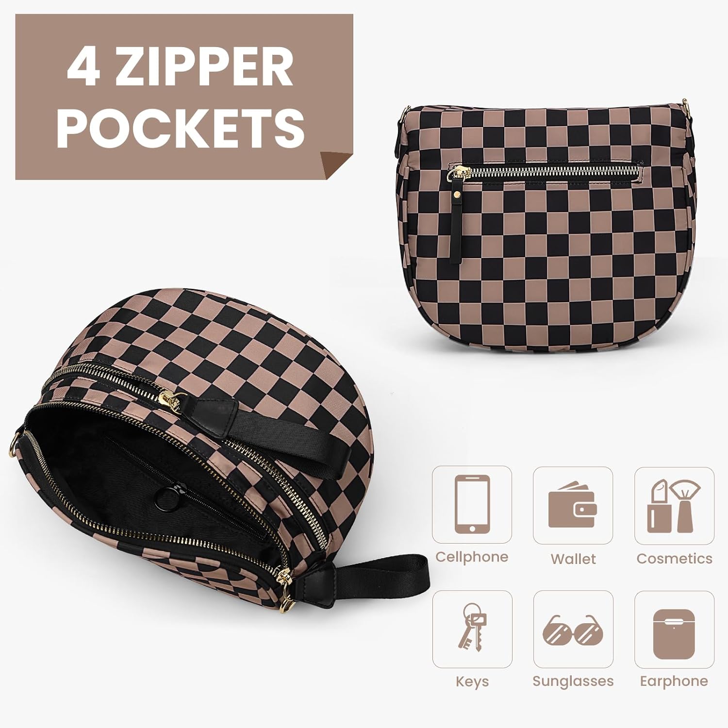 Lushandy Bum Bag Women's Checkered Crossbody Bag Nylon Cross Body Bags Plaid Mom Everyday Purse for Travel - Image 4
