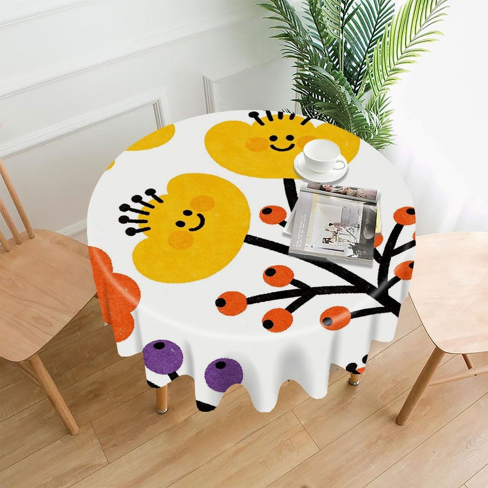 LZQPOEAS Flower Branch Pattern Cute Tablecloth Easy to Clean Polyester Round Table Cover Washable Round Table Cloth Wrinkle-Free Circle Decoration Tablecloth for Kitchen and Dining Room 60"