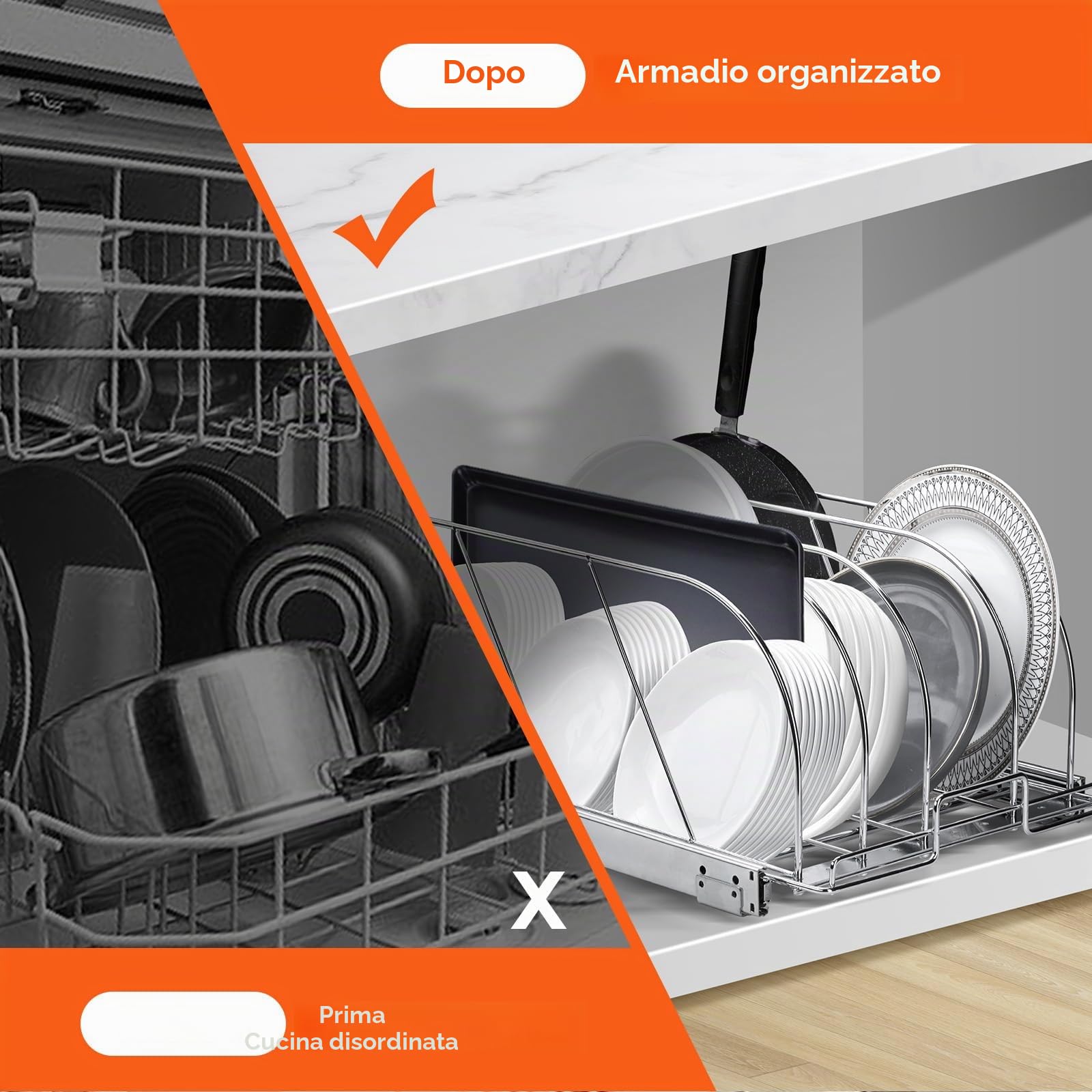 VEVOR Portaoggetti Scorrevole per Pentole da Cucina con Coperchio Espandibile 31,8 x 53,3 x 22,4 cm, Porta Pentole Estraibile Sottolavello Divisori Regolabili, Porta Pentole Utensili da Cucina 20 kg